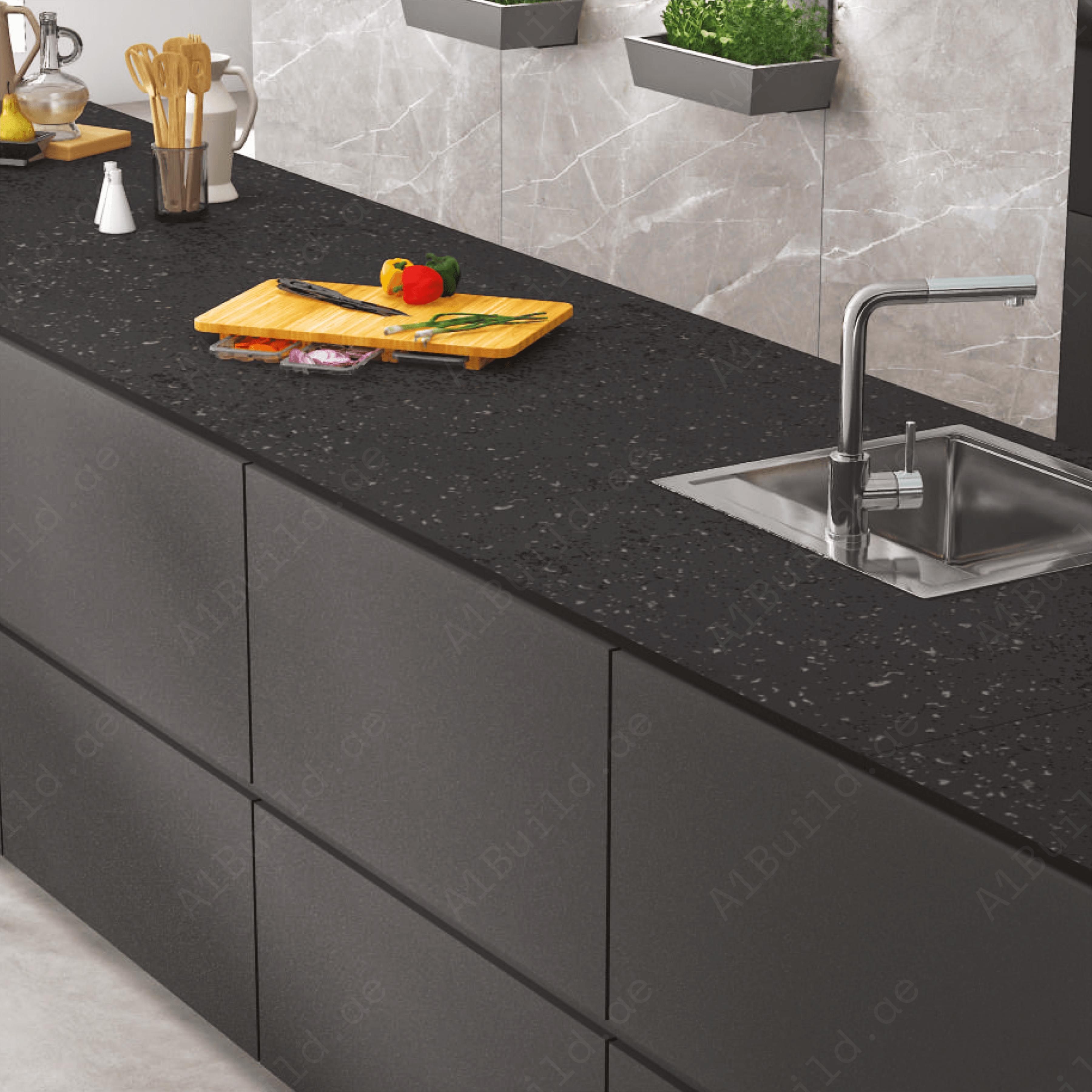 Sparkle Black (80x240cm 15mm Random Carving Matt Finish Indoor Floor, Wall & Counter Slabs)