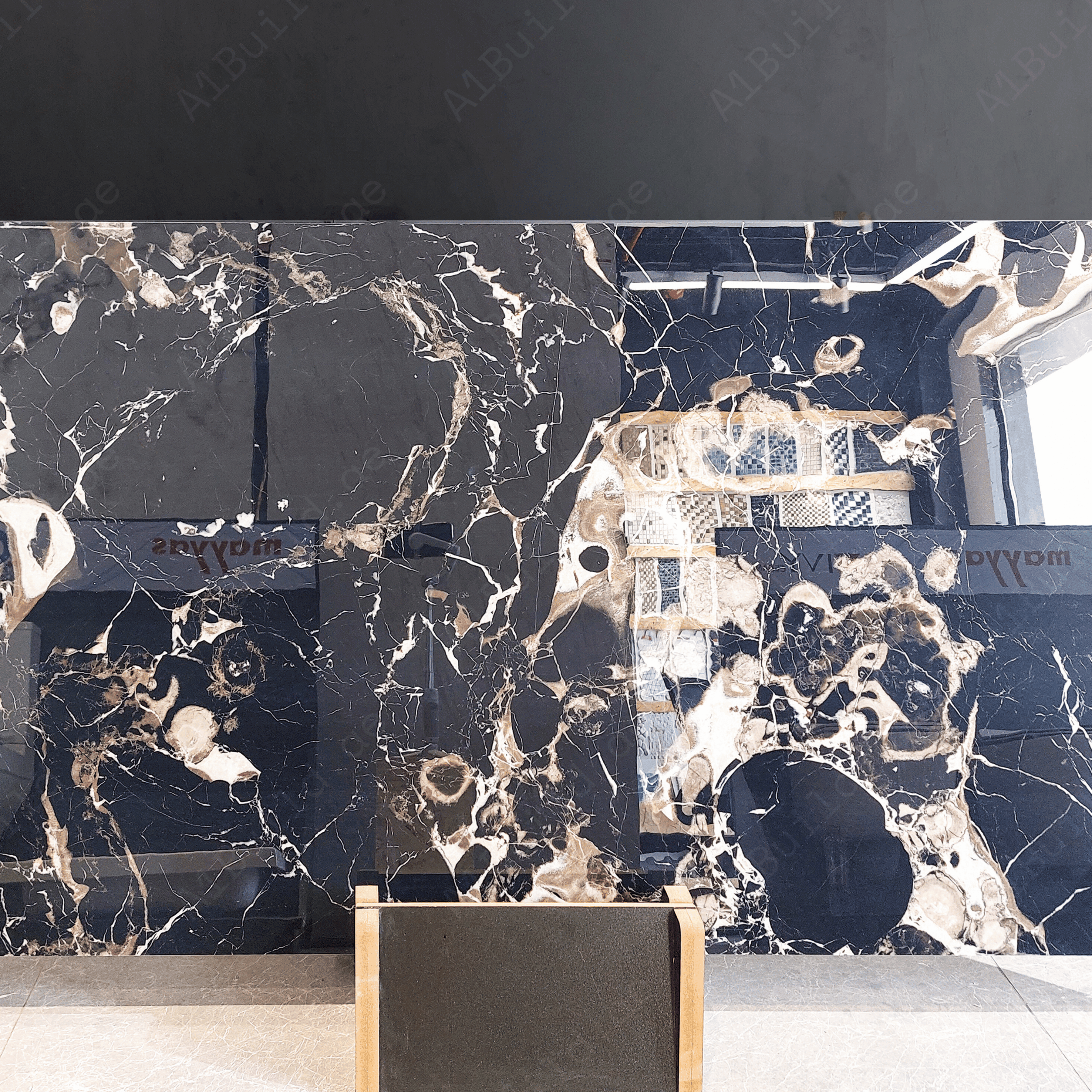 Portoro Argento 80x160cm high glossy porcelain tile, 09mm thick with black marble look and silver veining. Luxurious and durable for stylish interiors.