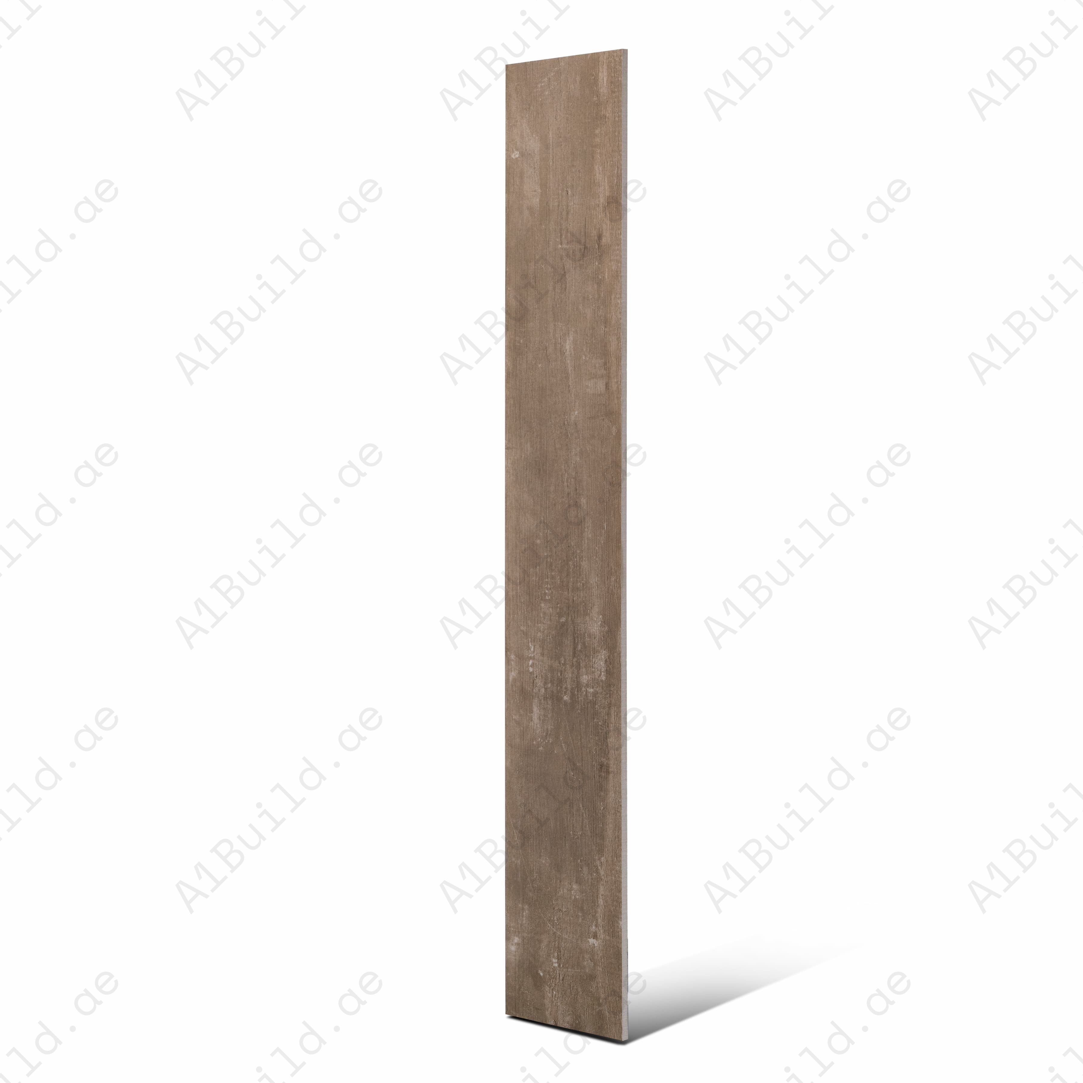 Smoky taupe wood effect porcelain tile with distressed finish for UAE interiors