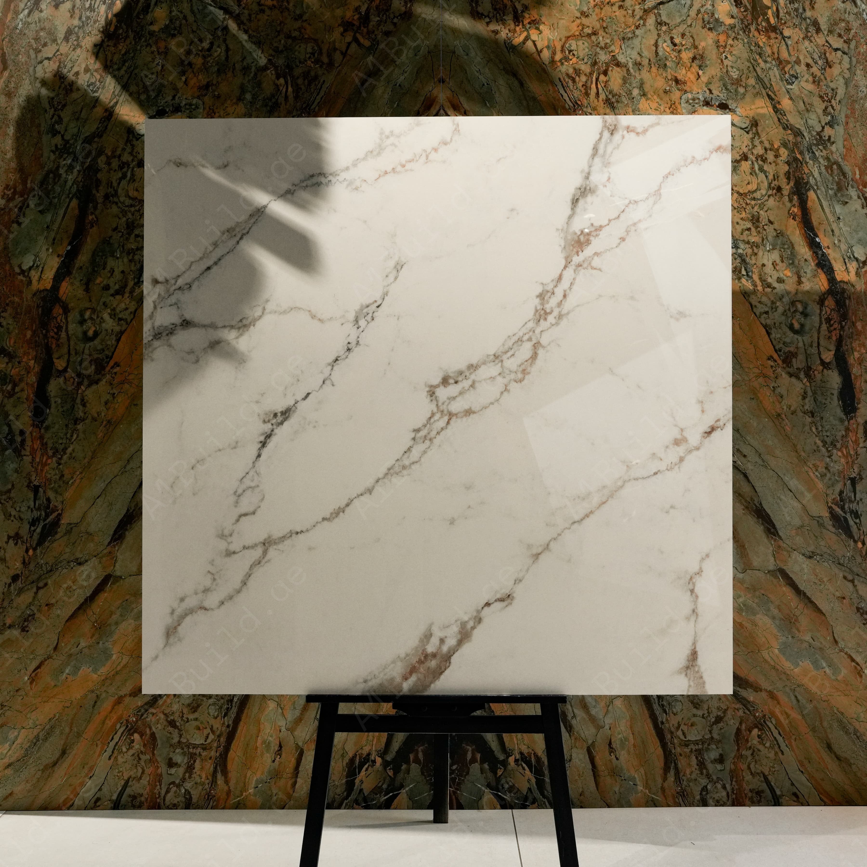 Signora Glossy 120x120 porcelain tile displayed on easel against natural marble backdrop in UAE showroom