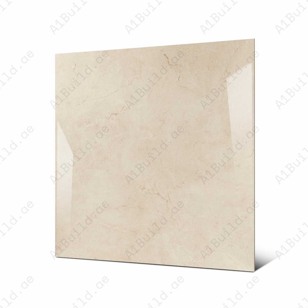 Angled view of 120x120cm Crema Marfil look porcelain tile for luxury floor and wall applications