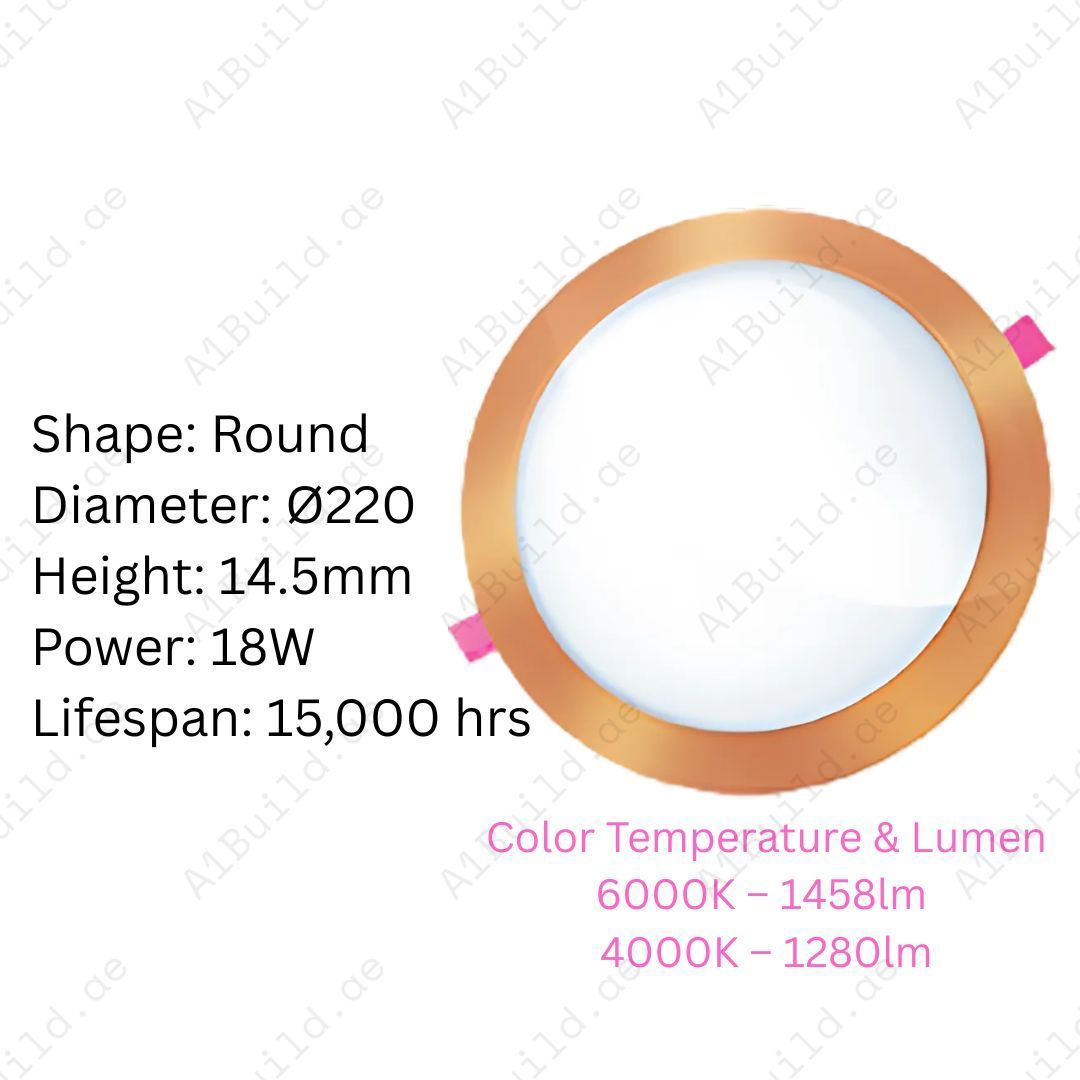 18W LED Downlight with up to 1458lm brightness, 120° beam angle & 15,000hrs lifespan. Slim recessed ceiling light for modern homes & offices.