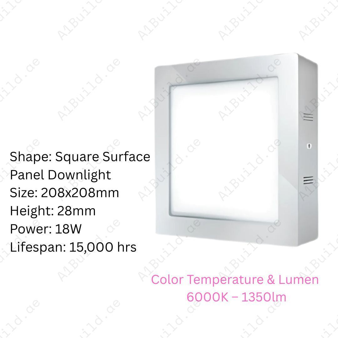 18W Lana Surface Panel Downlight, 1350lm, 120° beam, 15,000hrs lifespan. Energy-saving LED for indoor lighting with 208x208mm size.