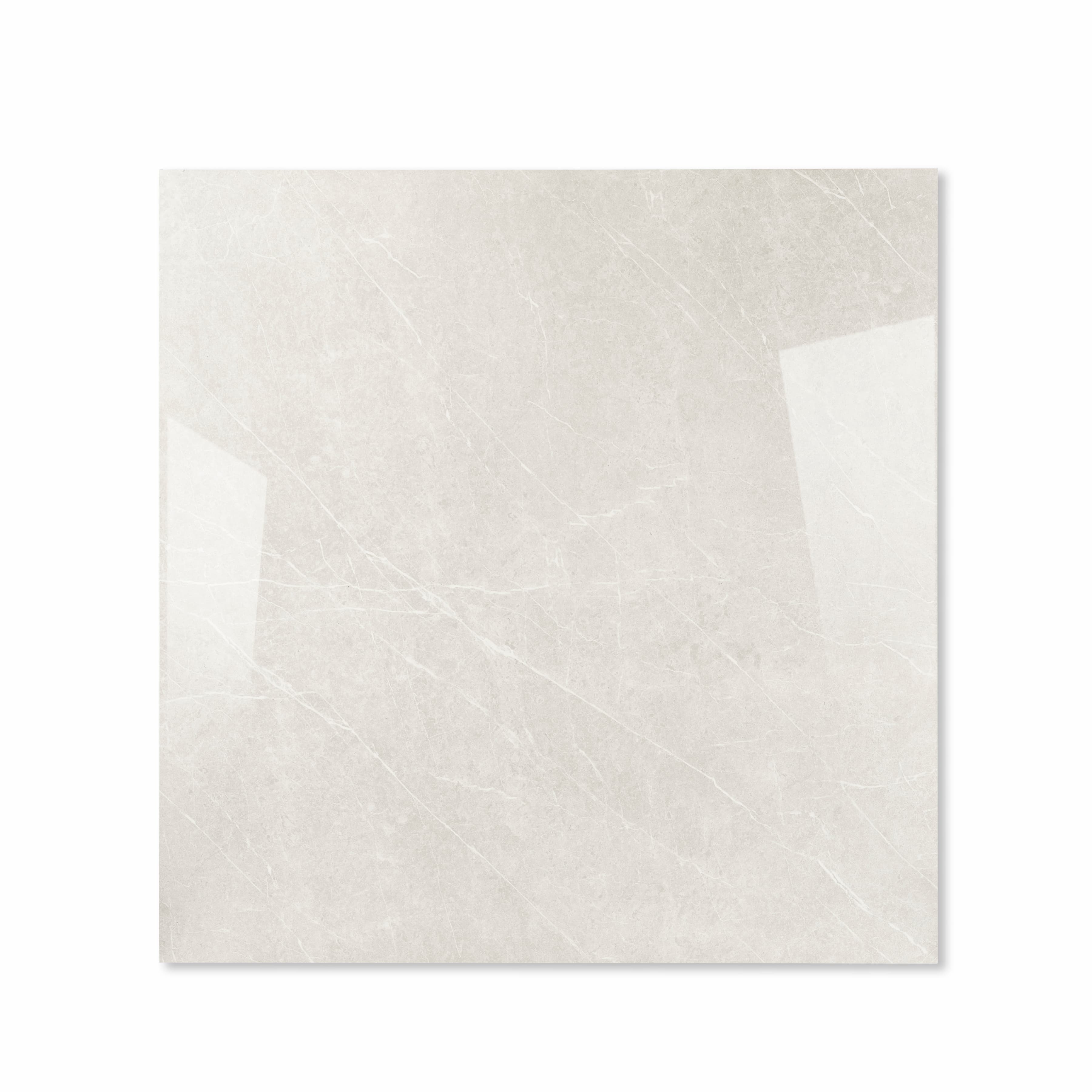 Top view of Pietra Bianco greige stone-effect porcelain tile with subtle veining and glossy finish