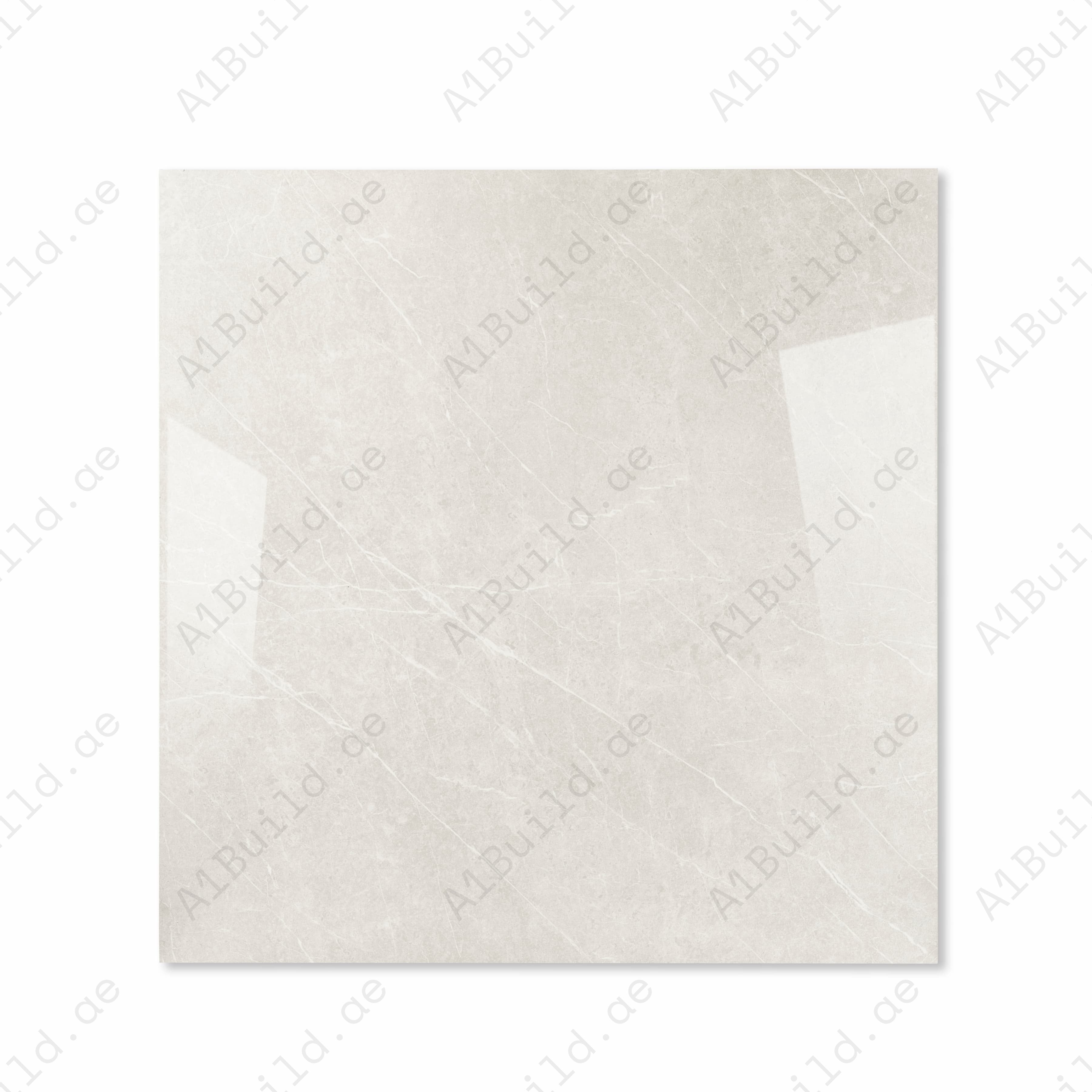 Top view of Pietra Bianco greige stone-effect porcelain tile with subtle veining and glossy finish