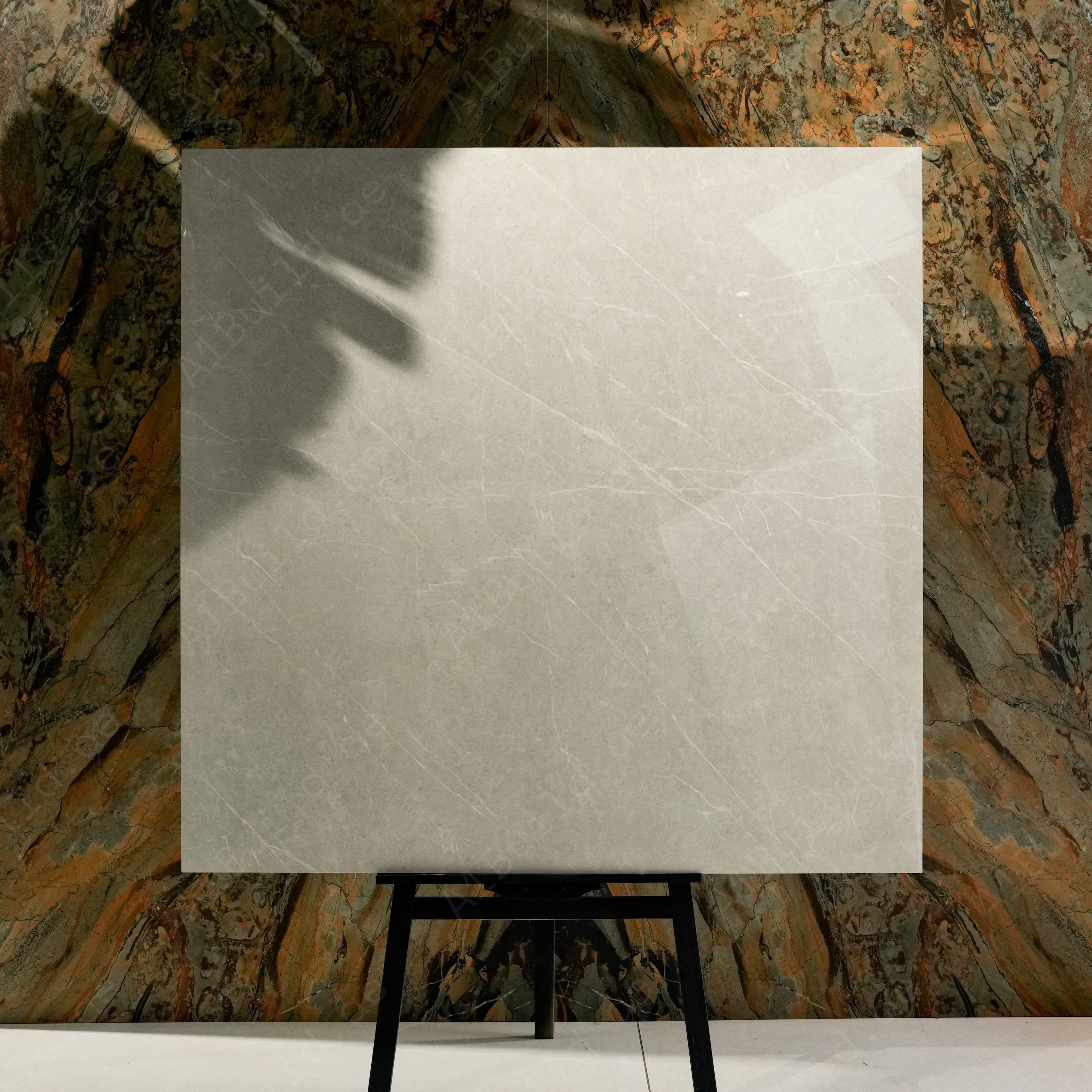 Pietra Bianco Glossy 120x120 porcelain tile displayed on easel against natural marble backdrop in UAE showroom