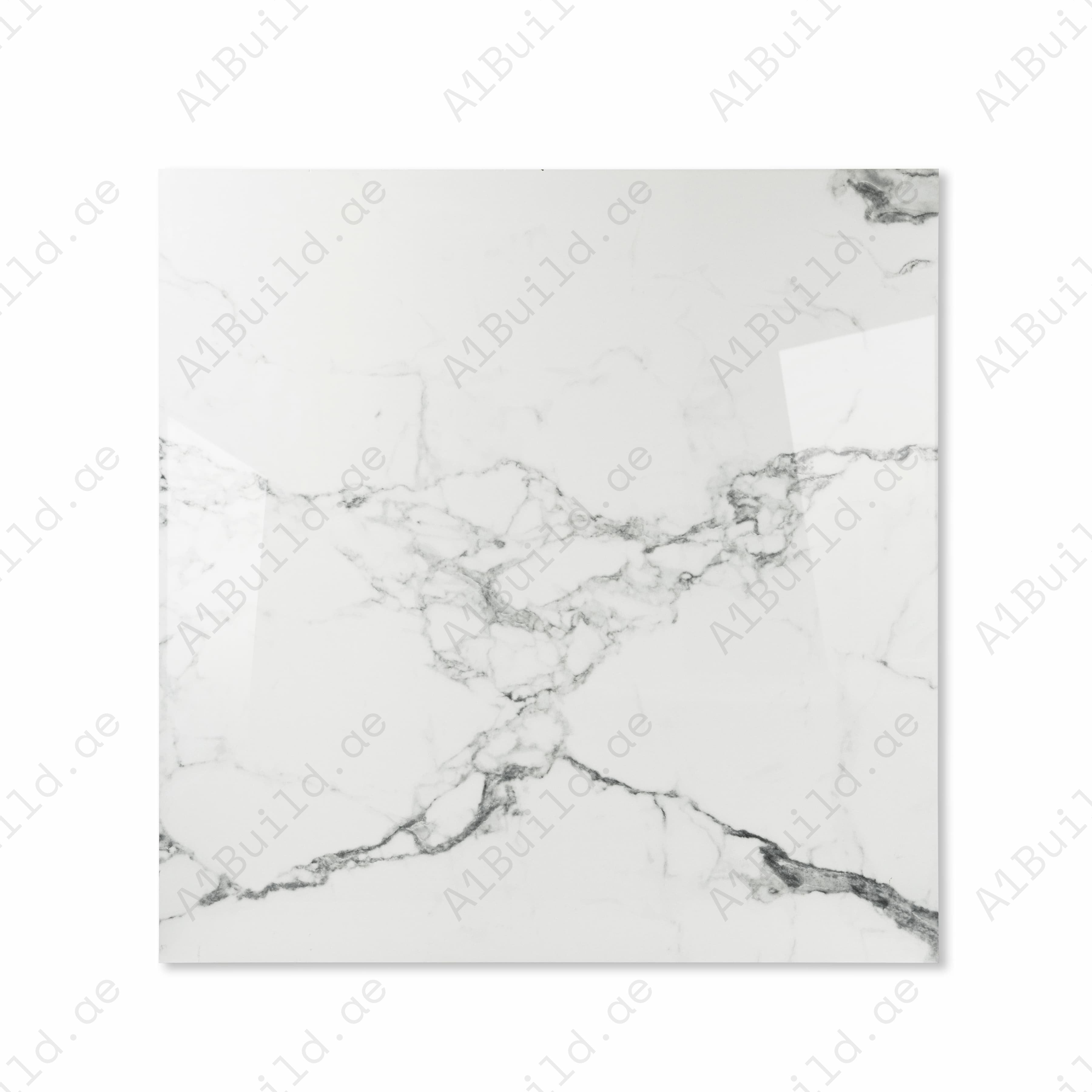 Top view of Staturio Krypton Statuario-effect porcelain tile with dramatic charcoal veining and glossy finish