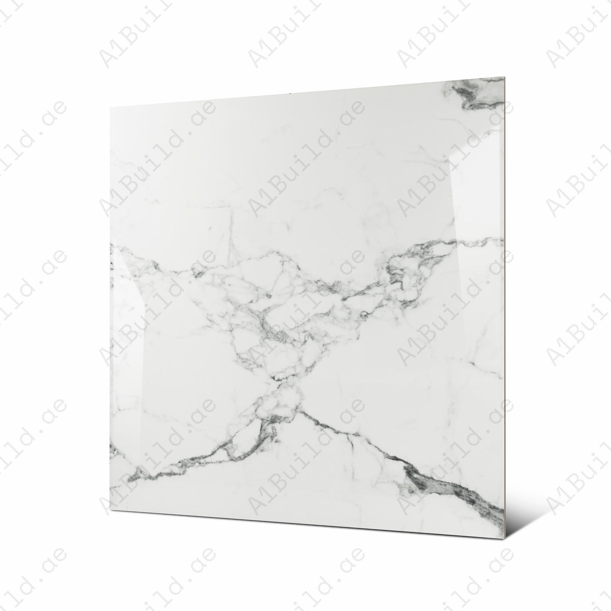 Angled view of 120x120cm Statuario marble look porcelain tile for luxury floor and wall applications