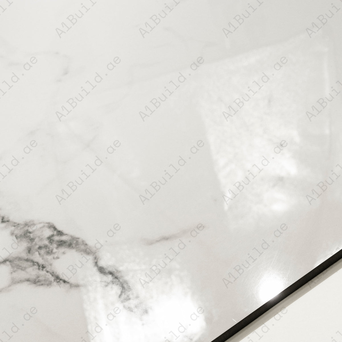 Close-up detail showing the bold veining and mirror-gloss surface of Staturio Krypton porcelain tile