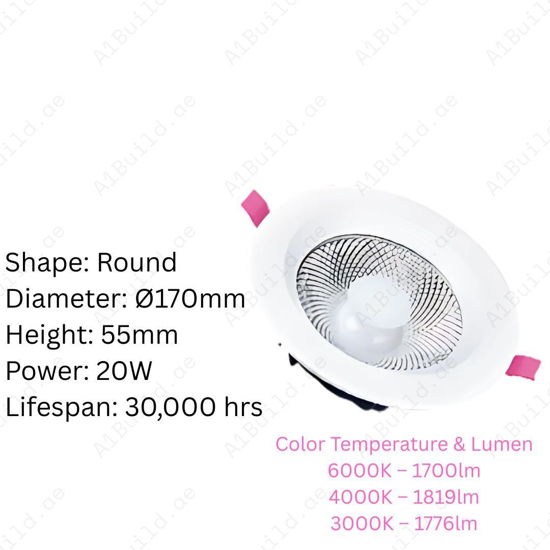 20W LED Downlight with Bridgelux LED, 1700-1819lm brightness, 30,000hrs lifespan & 80% energy saving. Perfect indoor lighting in 6000K, 4000K & 3000K.