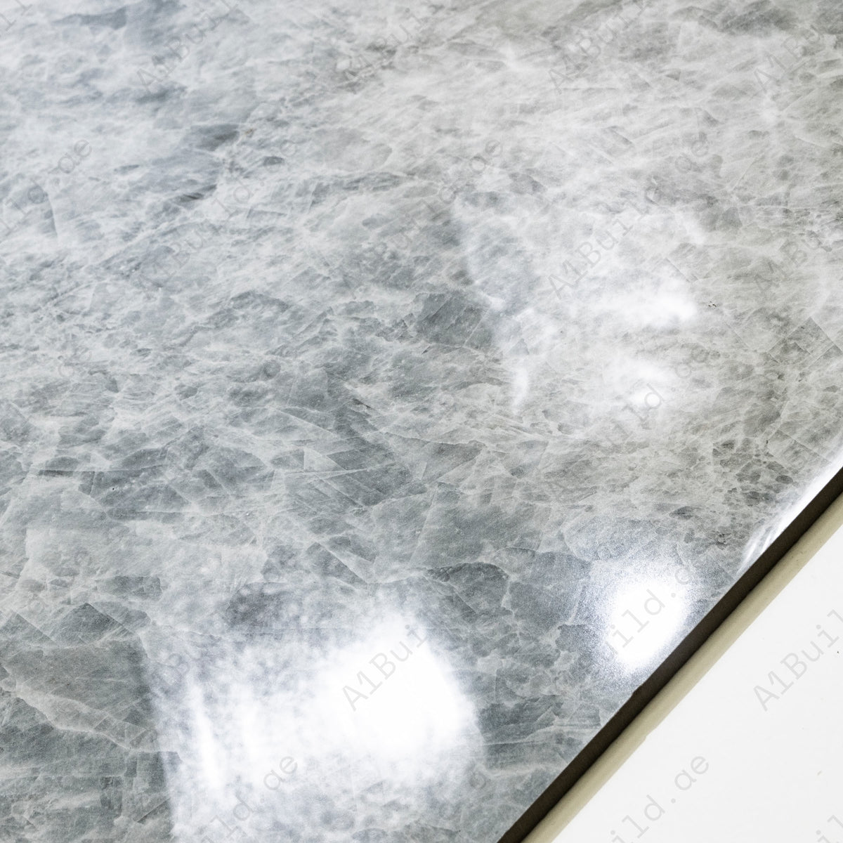 Close-up detail showing the intricate crystalline texture and mirror-gloss surface of Celest Onyx porcelain tile