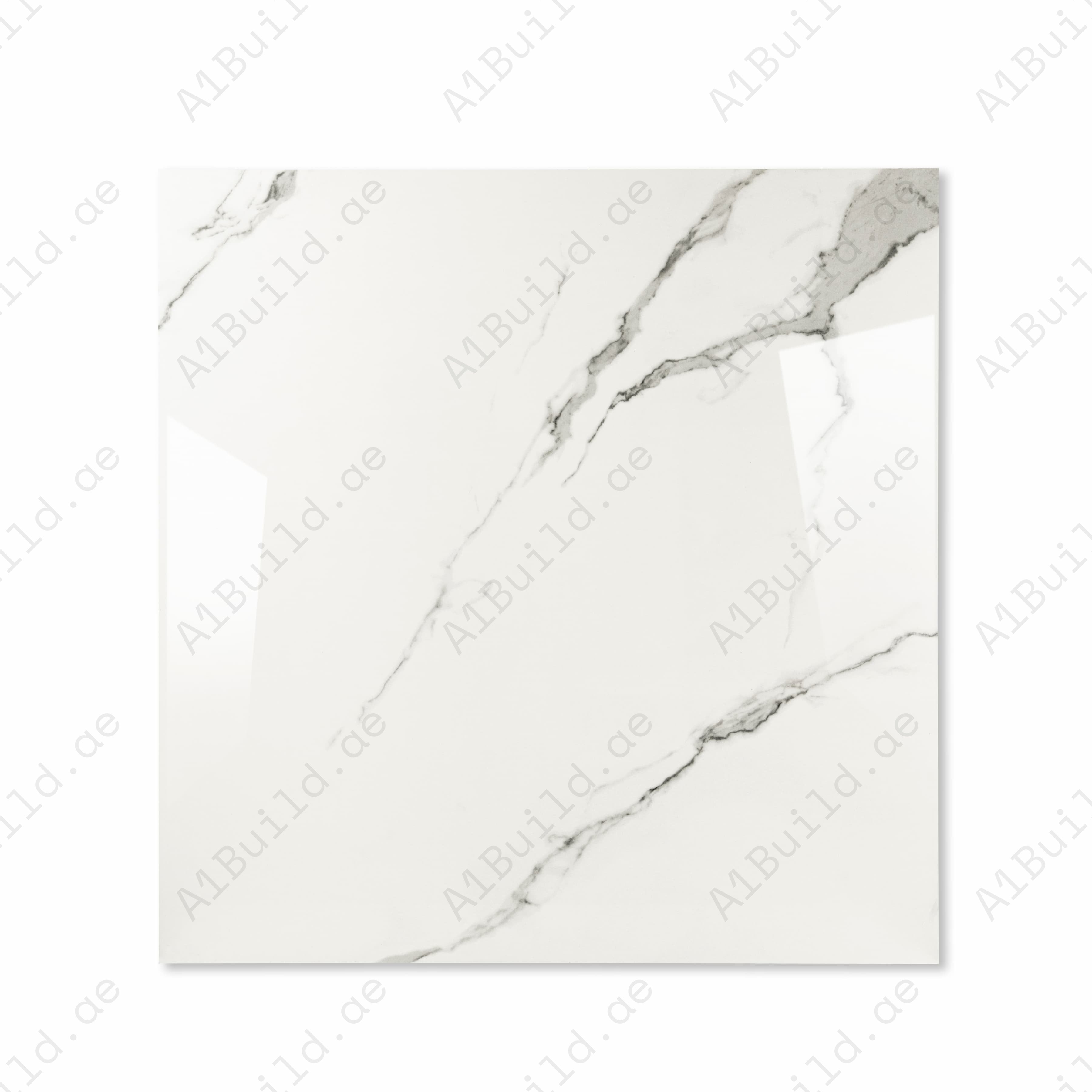 Top view of Statuario Hexa minimalist Italian marble-effect porcelain tile with sparse charcoal veining and glossy finish