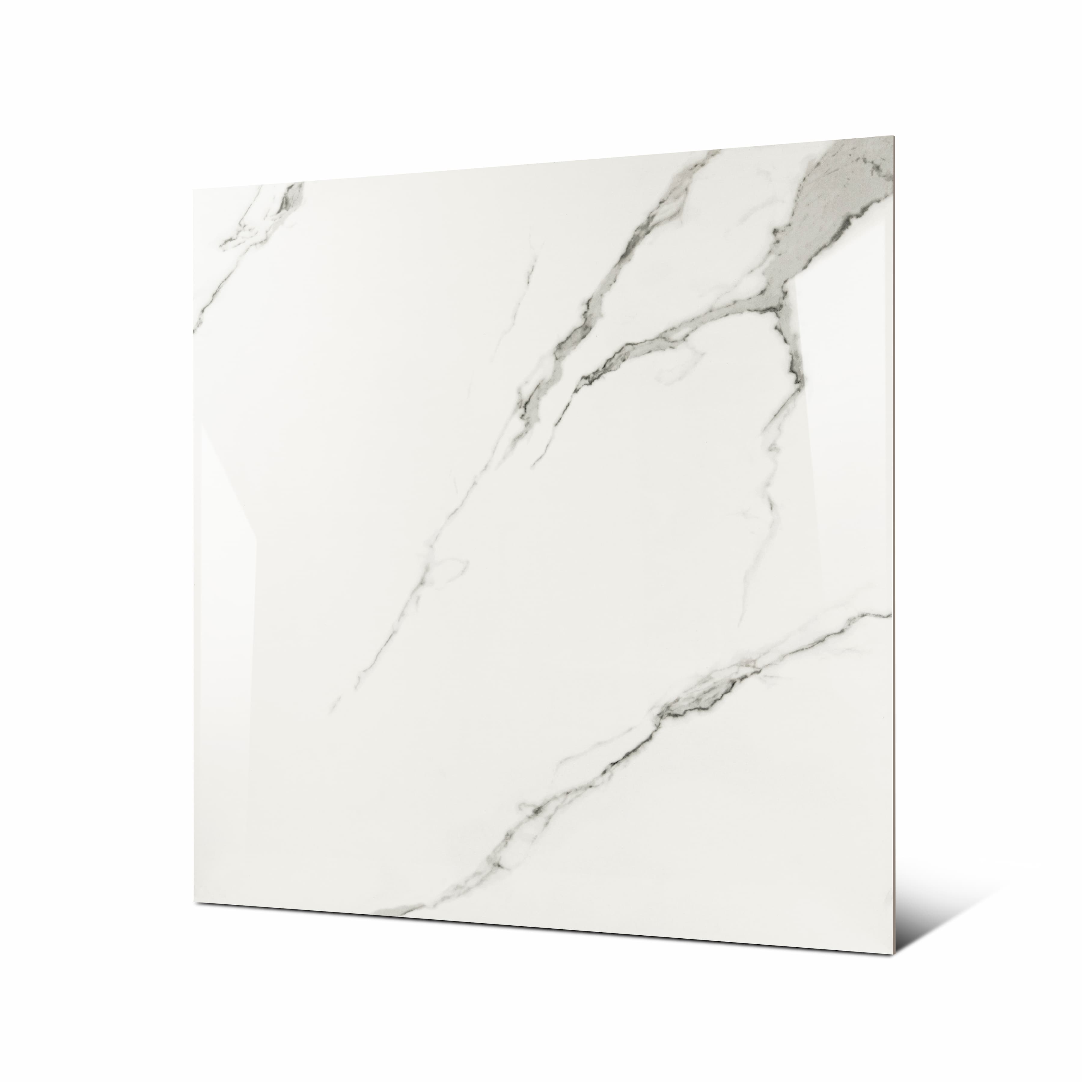 Angled view of 120x120cm Statuario marble look porcelain tile for luxury floor and wall applications