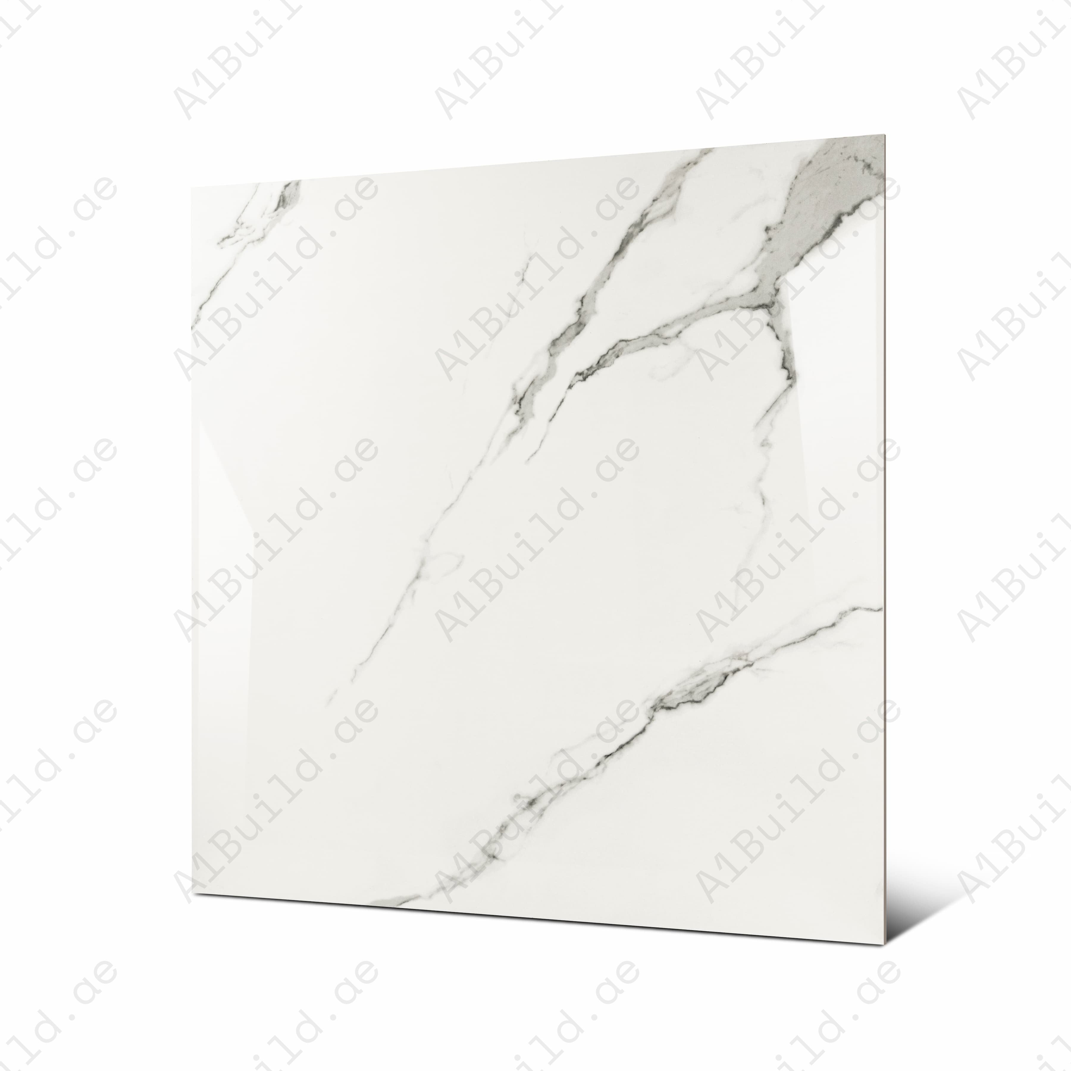 Angled view of 120x120cm Statuario marble look porcelain tile for luxury floor and wall applications