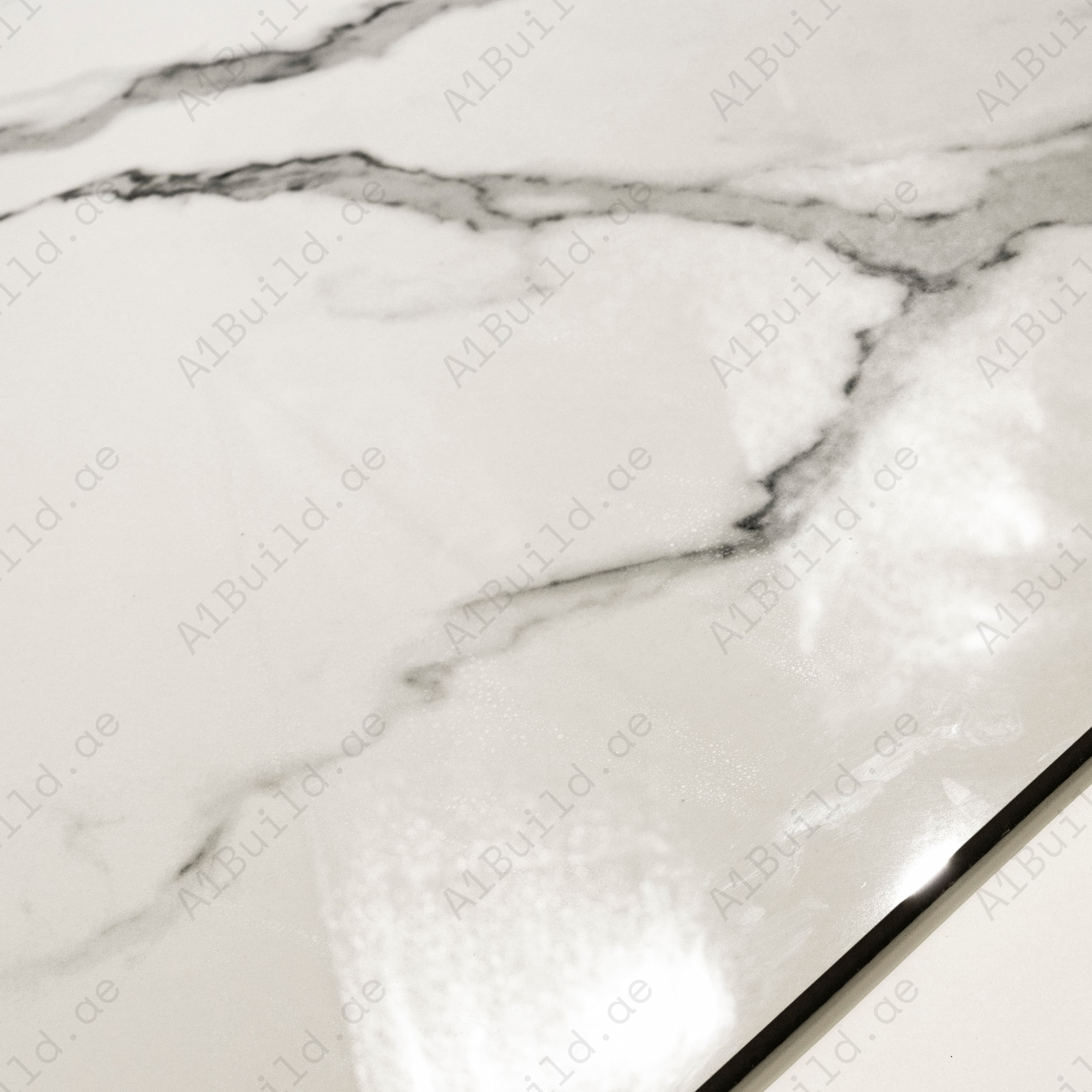 Close-up detail showing the elegant feathered veining and mirror-gloss surface of Statuario Hexa porcelain tile