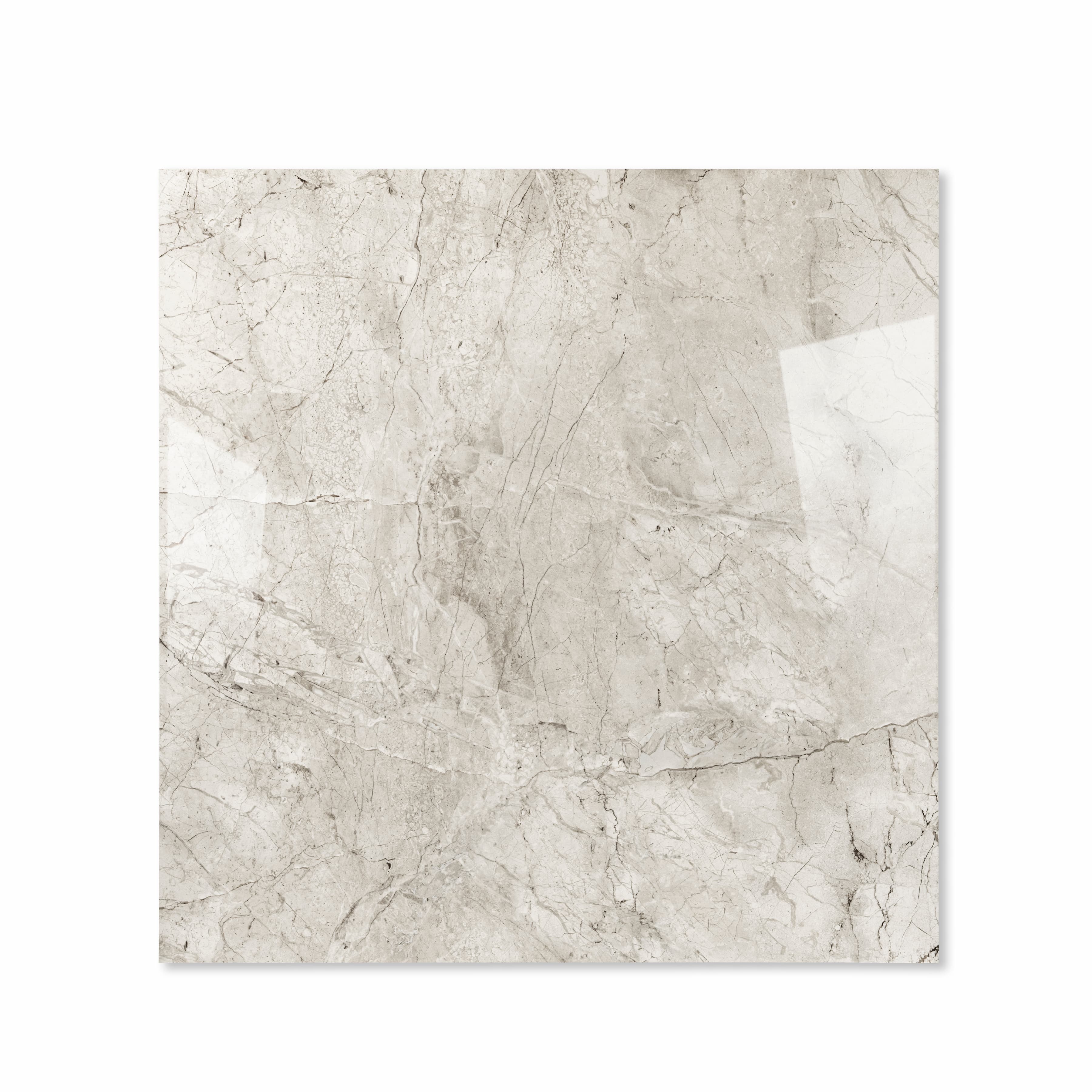 Breccia Bianco Glossy 120x120 porcelain tile displayed on easel against natural marble backdrop in UAE showroom