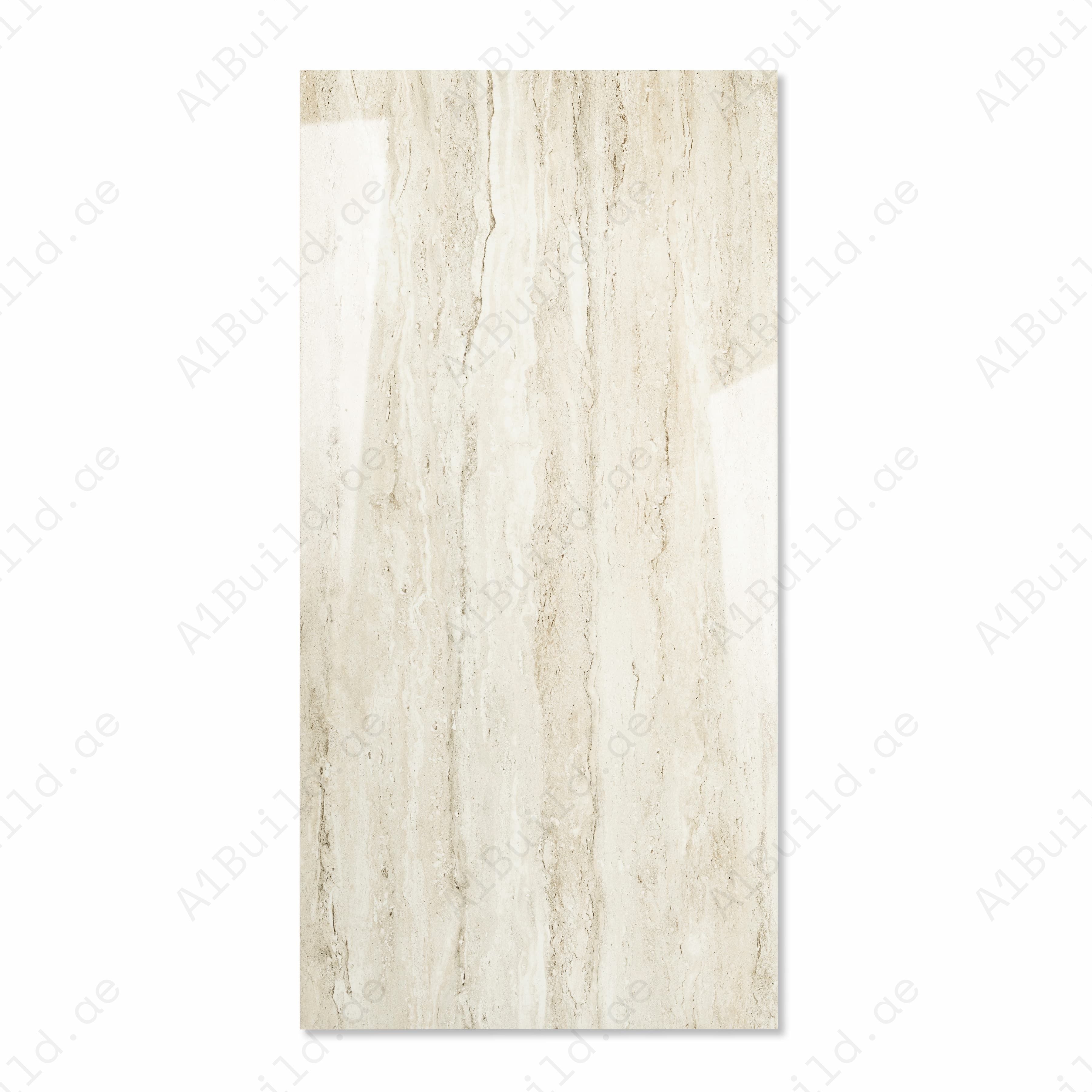 Alako Brown Cream Glossy Porcelain Tile 60x120cm | Warm Linear Travertine Look Large Format | Luxury Floor & Wall Tile UAE