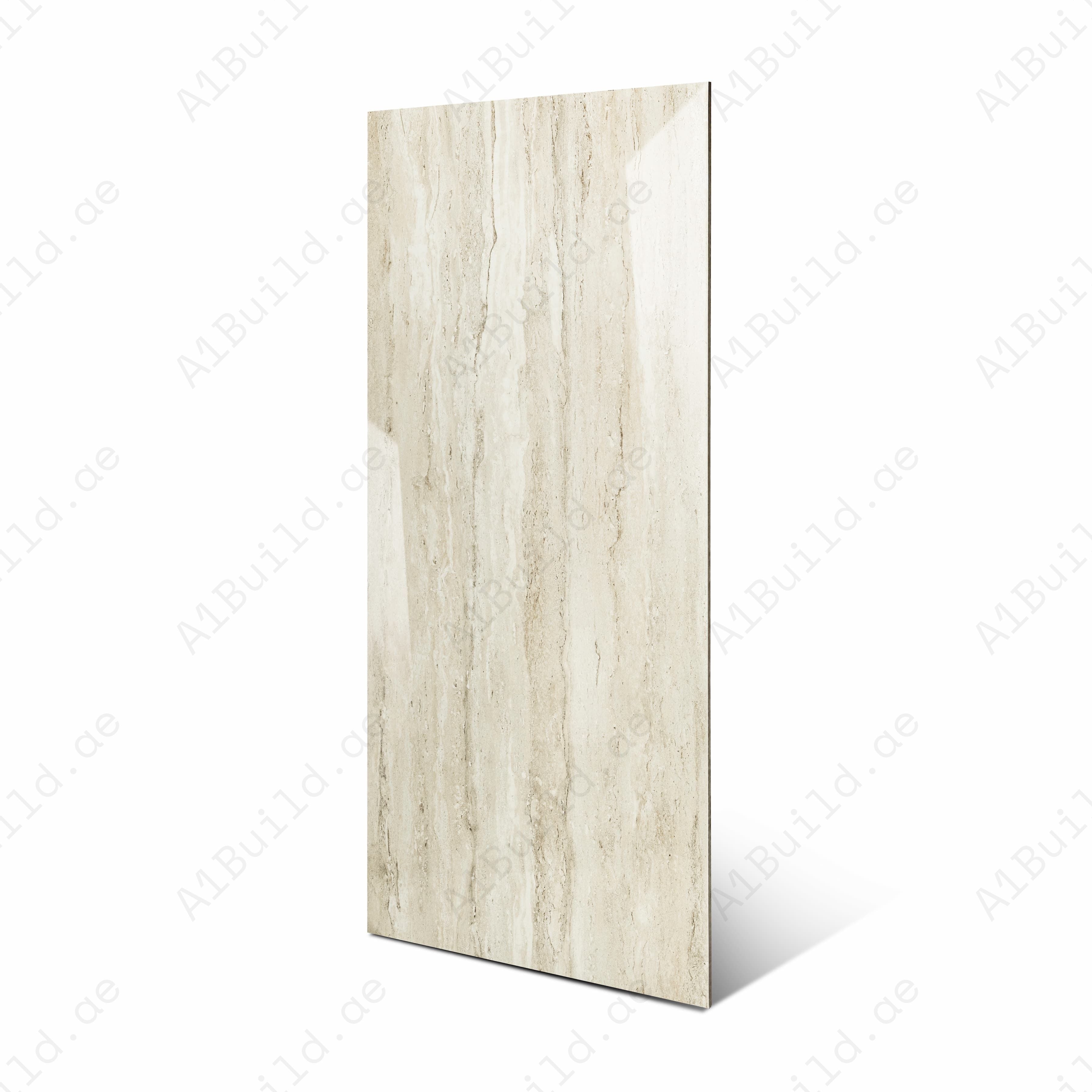 Alako Brown Cream Glossy Porcelain Tile 60x120cm | Warm Linear Travertine Look Large Format | Luxury Floor & Wall Tile UAE