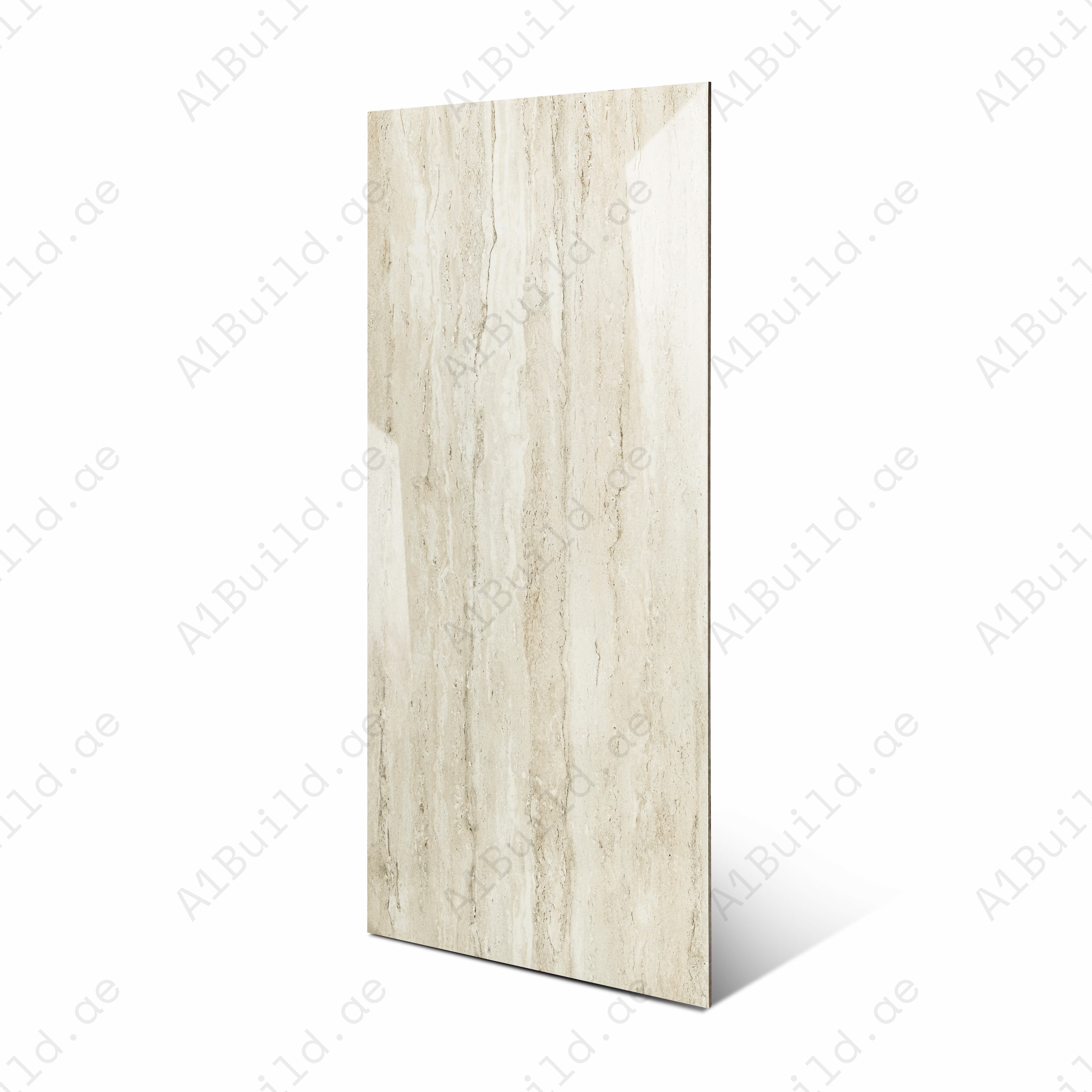 Alako Brown Cream Glossy Porcelain Tile 60x120cm | Warm Linear Travertine Look Large Format | Luxury Floor & Wall Tile UAE