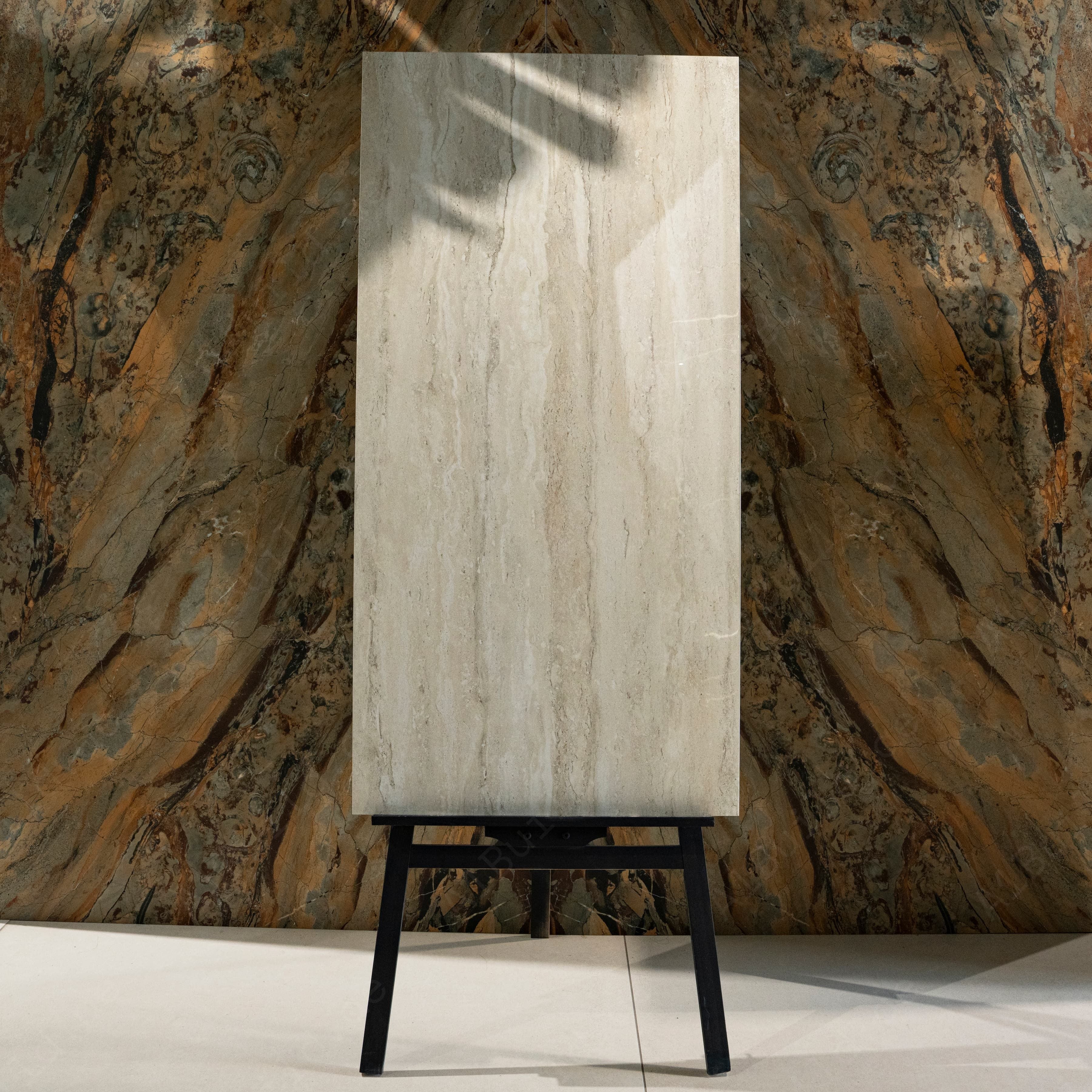 Alako Brown Cream Glossy Porcelain Tile 60x120cm | Warm Linear Travertine Look Large Format | Luxury Floor & Wall Tile UAE