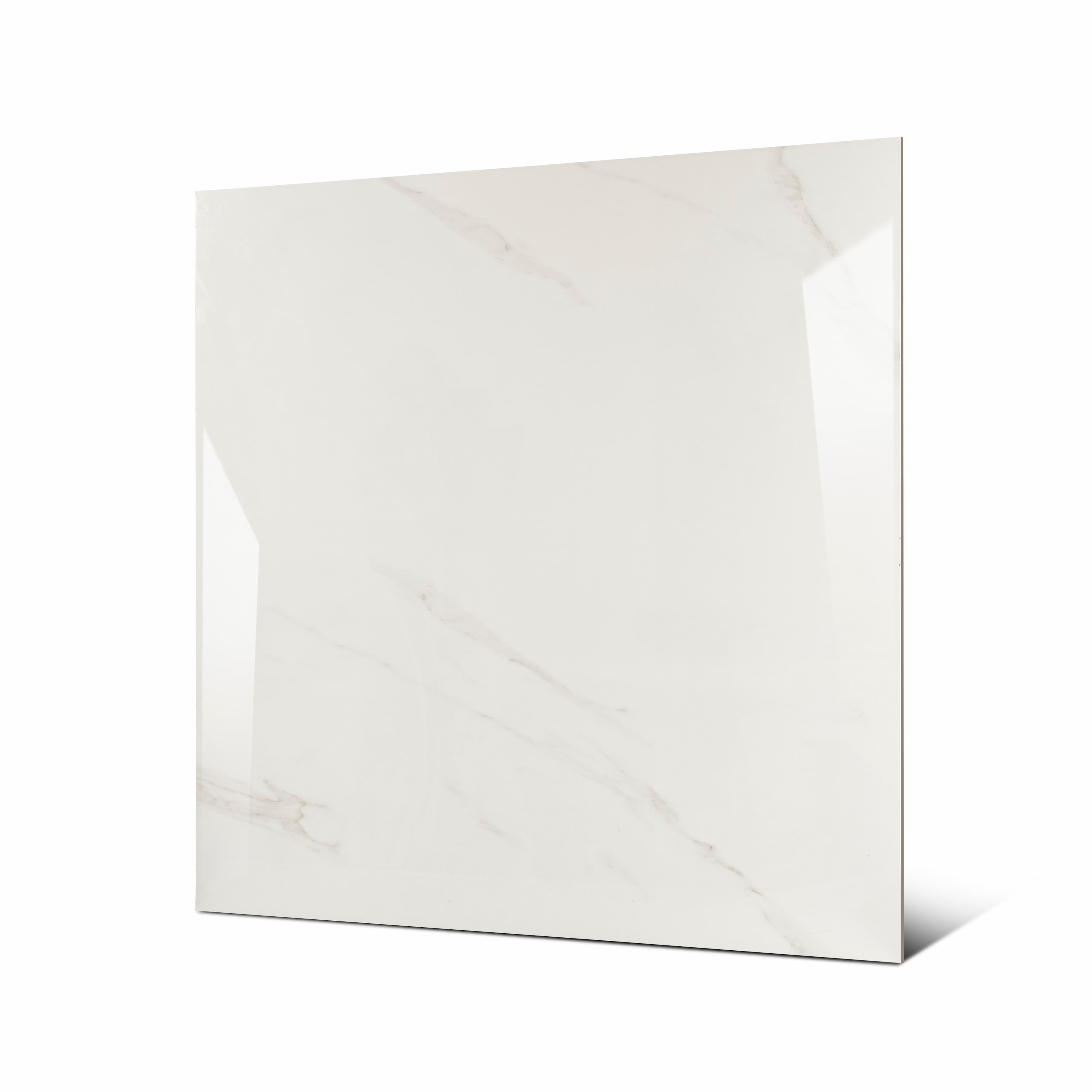 Angled view of 120x120cm clean white marble look porcelain tile for luxury floor and wall applications