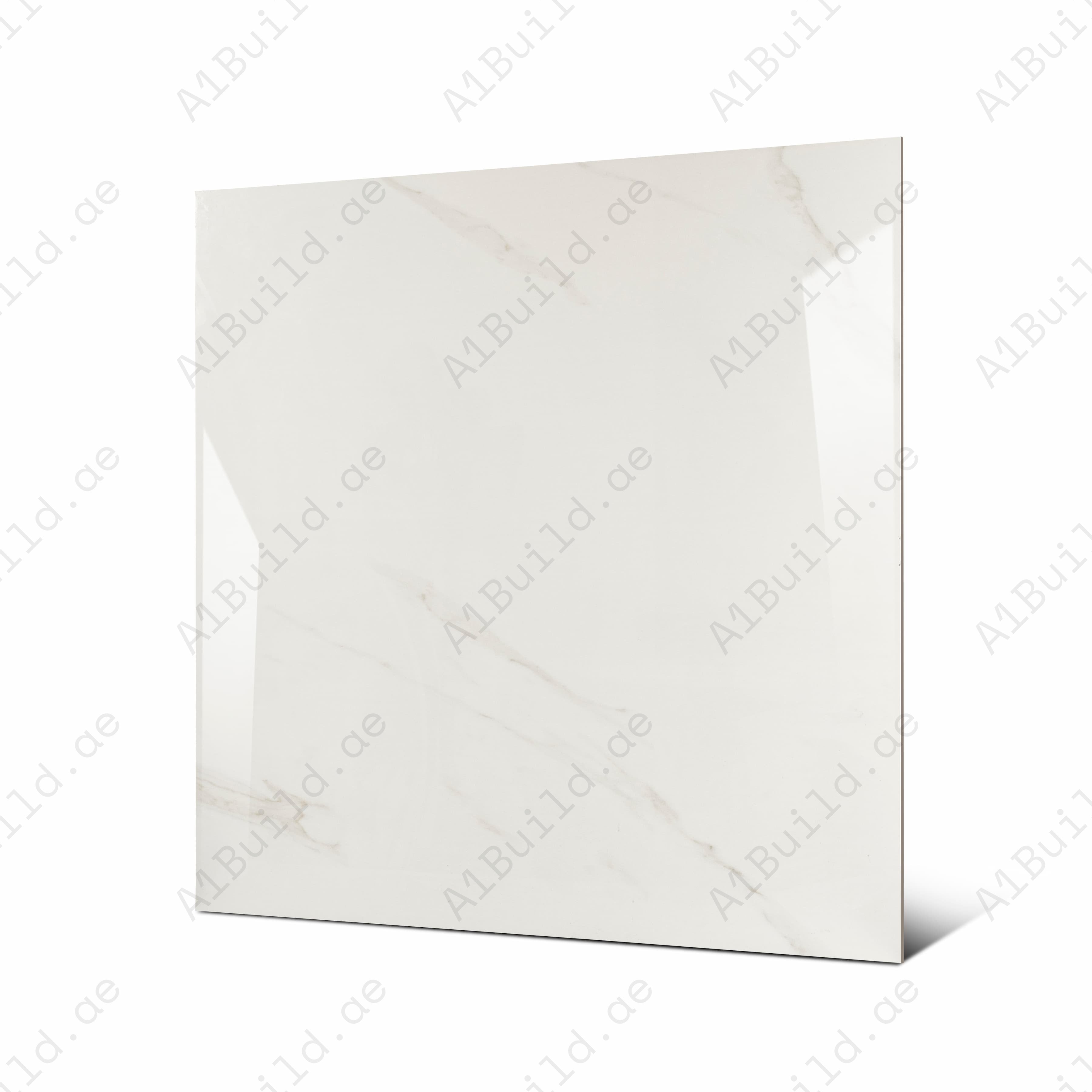 Angled view of 120x120cm clean white marble look porcelain tile for luxury floor and wall applications