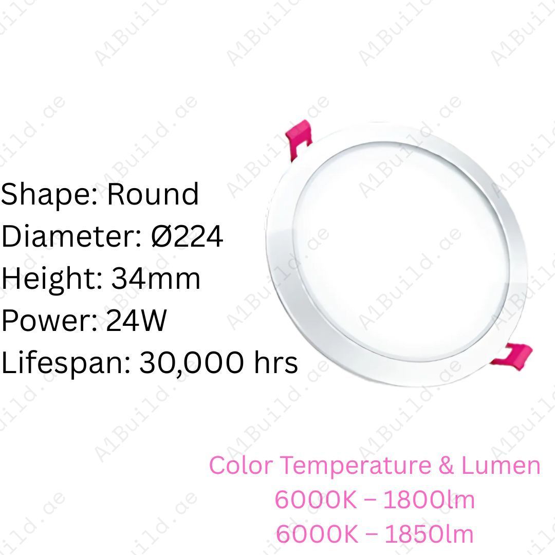 24W LED Panel Downlight with up to 1850lm brightness, Ø224mm size, and 30,000hrs lifespan. Energy-saving recessed ceiling light for modern interiors.