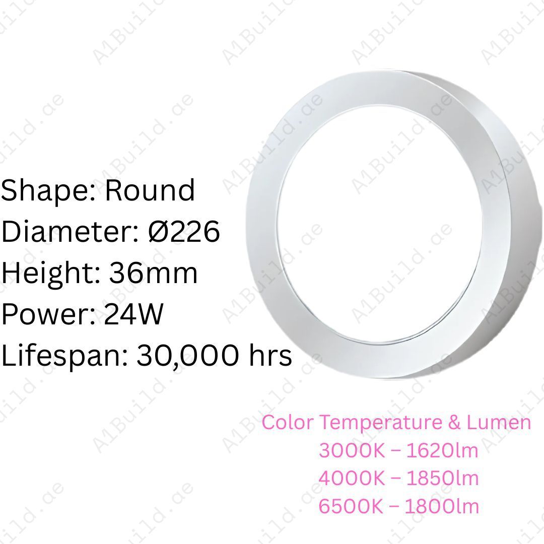24W Nova Surface Panel Downlight with Ø226mm size, 1800lm, 120° beam angle & 30,000hrs lifespan. Energy-saving LED for indoor lighting.
