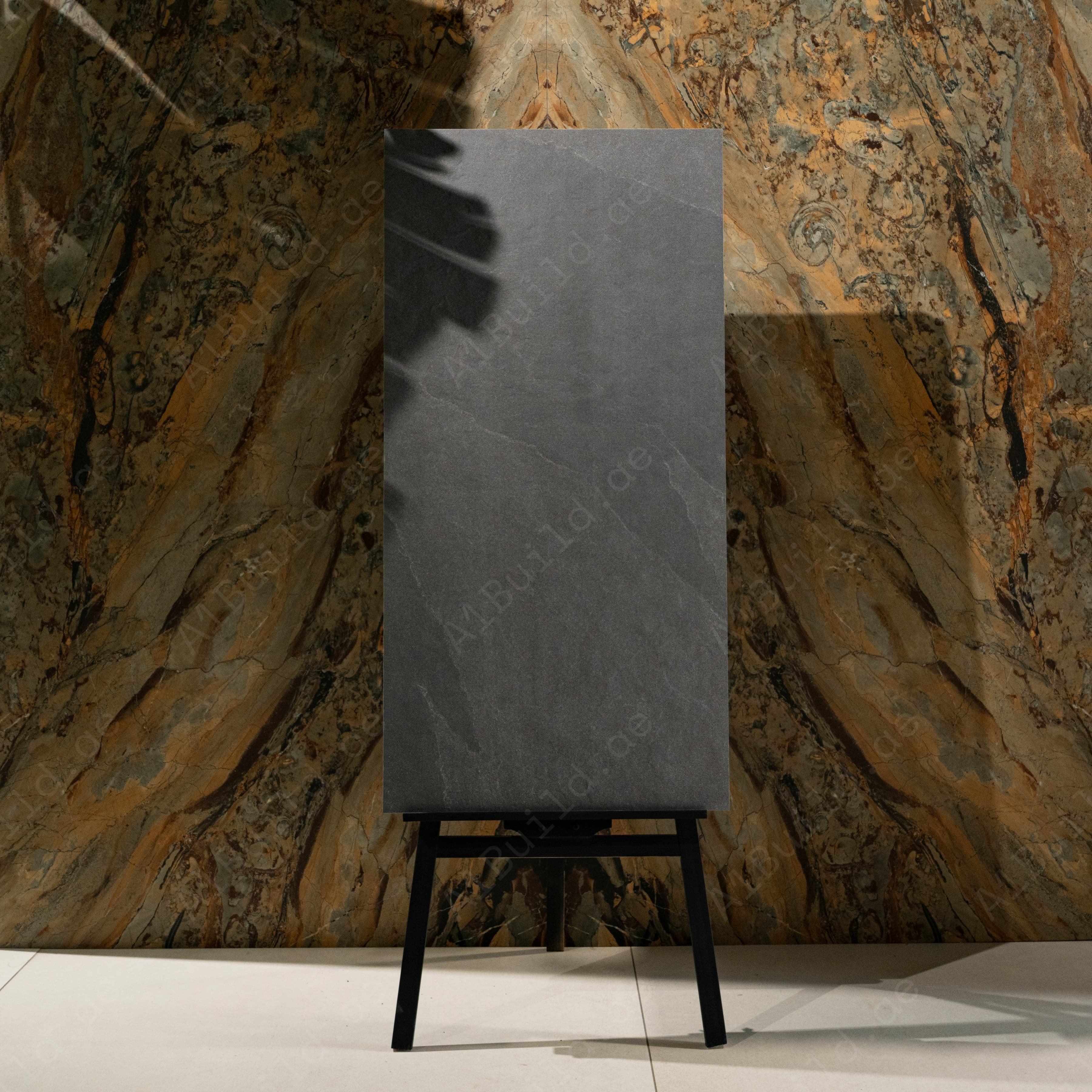 New Brazilian Black porcelain tile displayed in a styled interior setting
