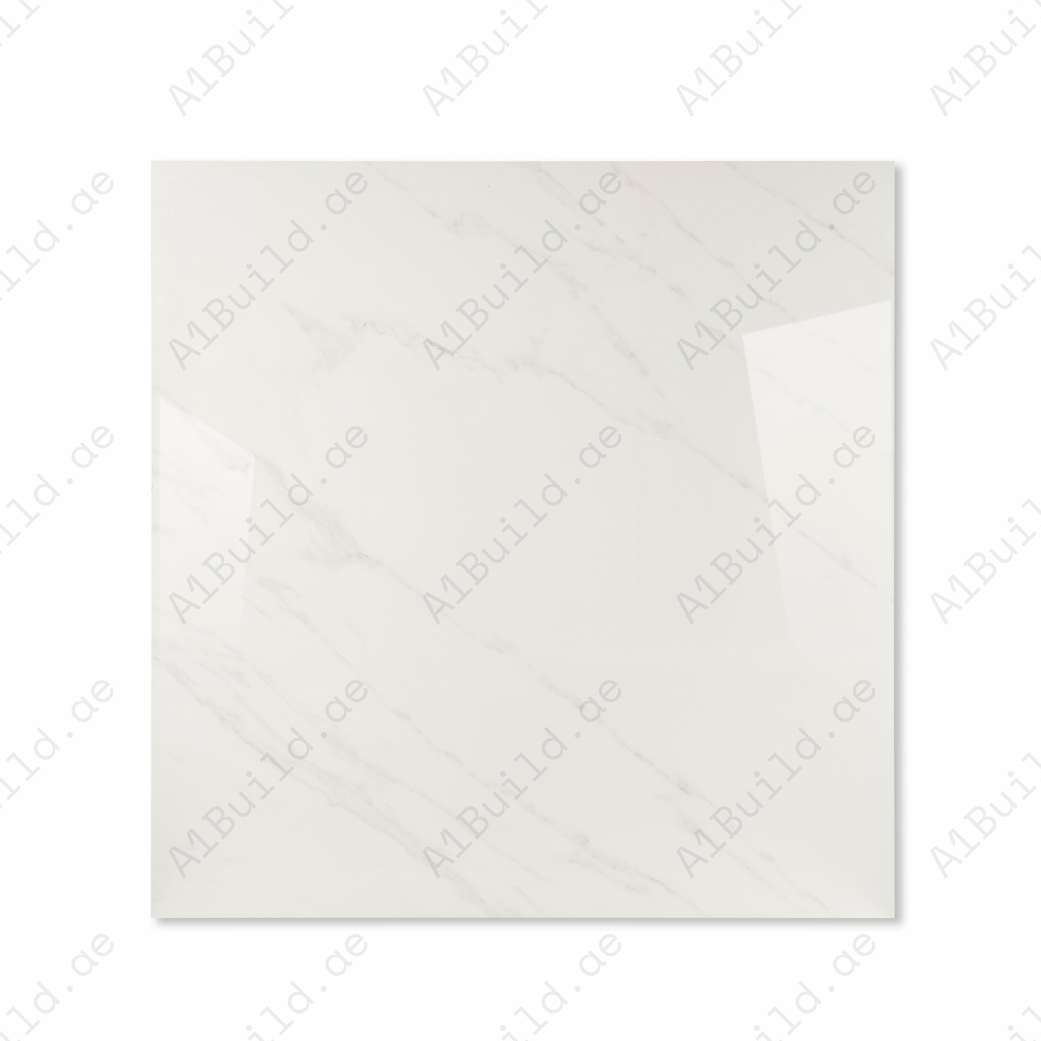 Angled view of 120x120cm pearl-white marble look porcelain tile for luxury floor and wall applications