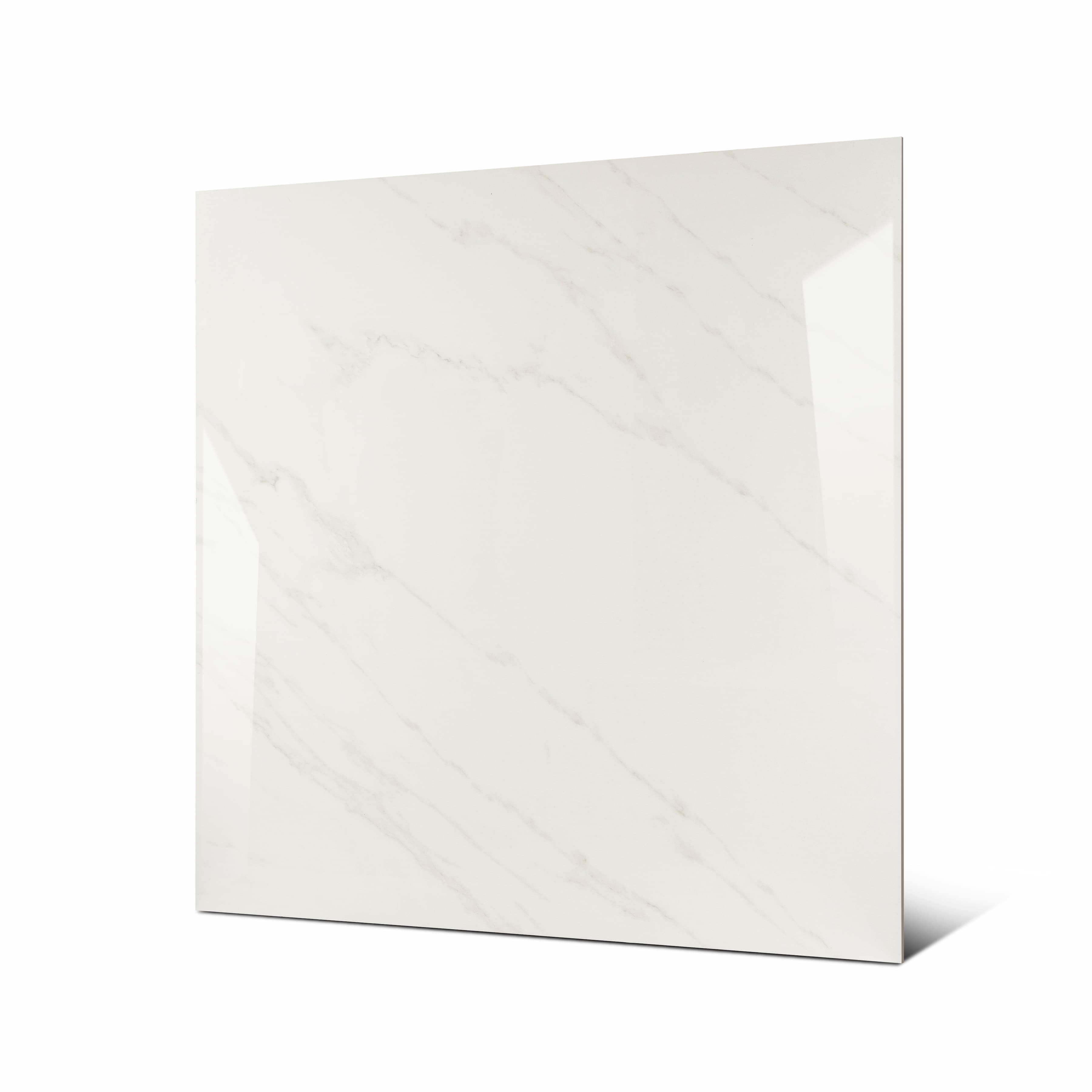 Close-up detail showing the soft flowing veining and mirror-gloss surface of Arena Shine porcelain tile
