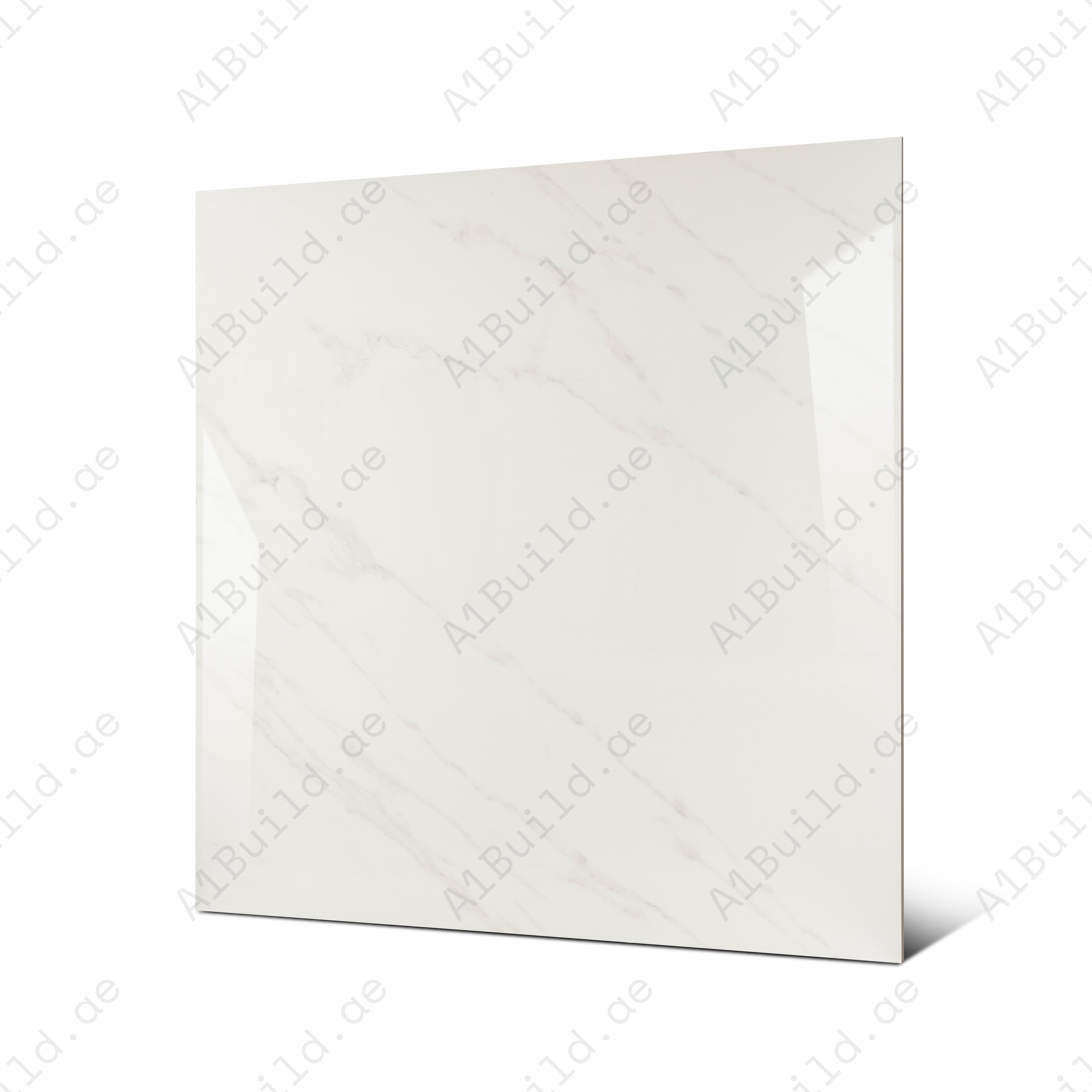 Close-up detail showing the soft flowing veining and mirror-gloss surface of Arena Shine porcelain tile