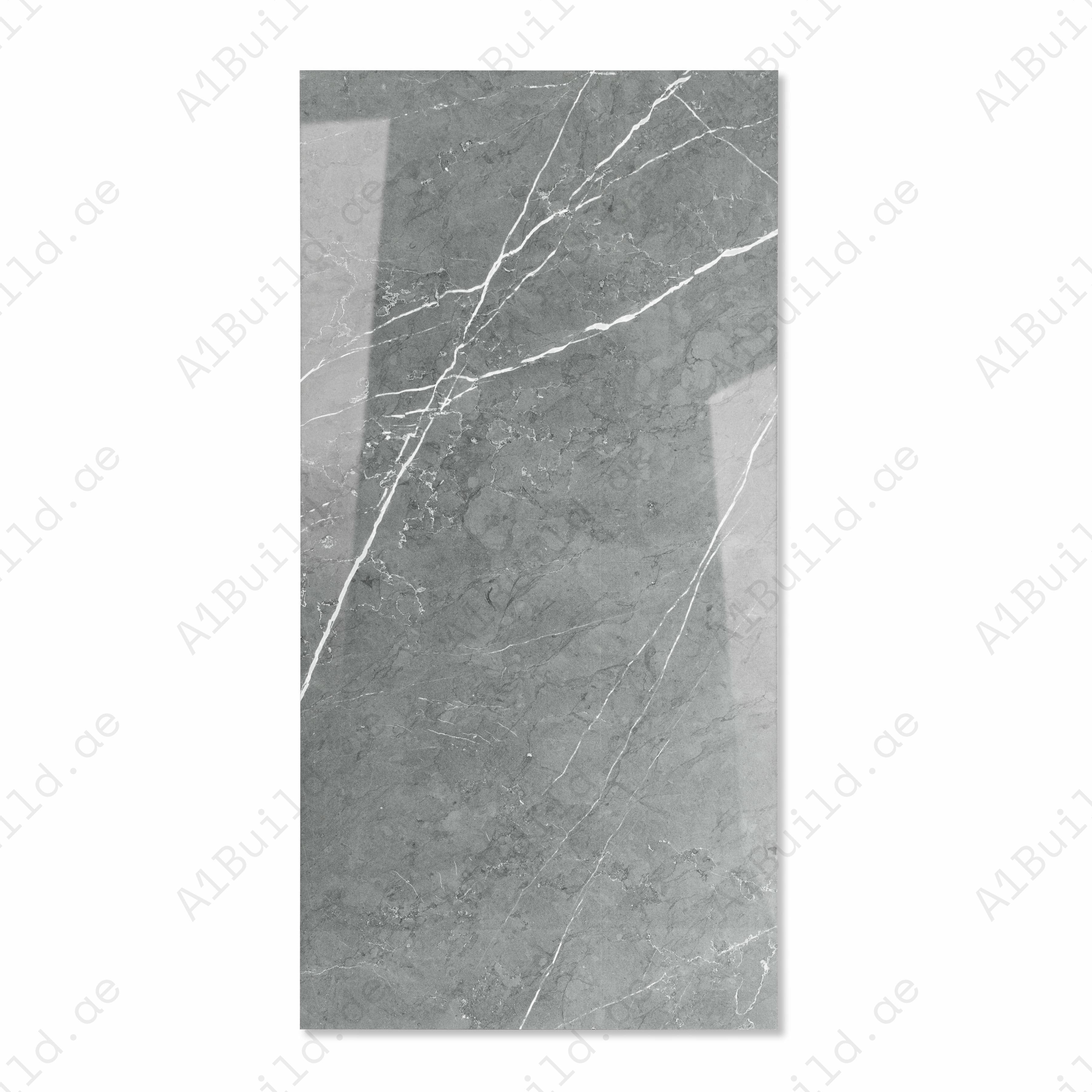 Pietra Grey Glossy Porcelain Tile 60x120cm | Cool Dark Grey Marble Look Large Format | Luxury Floor & Wall Tile UAE