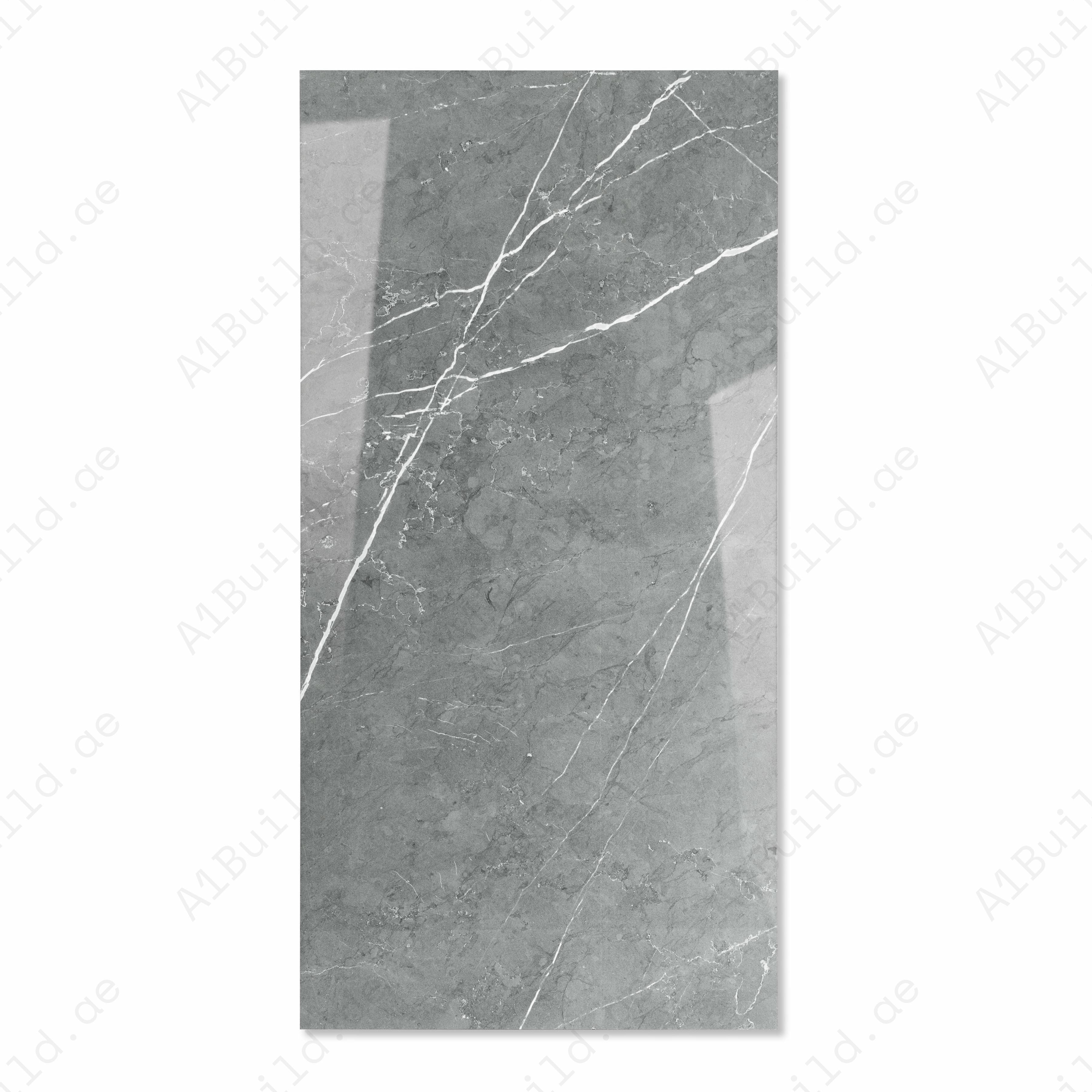 Pietra Grey Glossy Porcelain Tile 60x120cm | Cool Dark Grey Marble Look Large Format | Luxury Floor & Wall Tile UAE