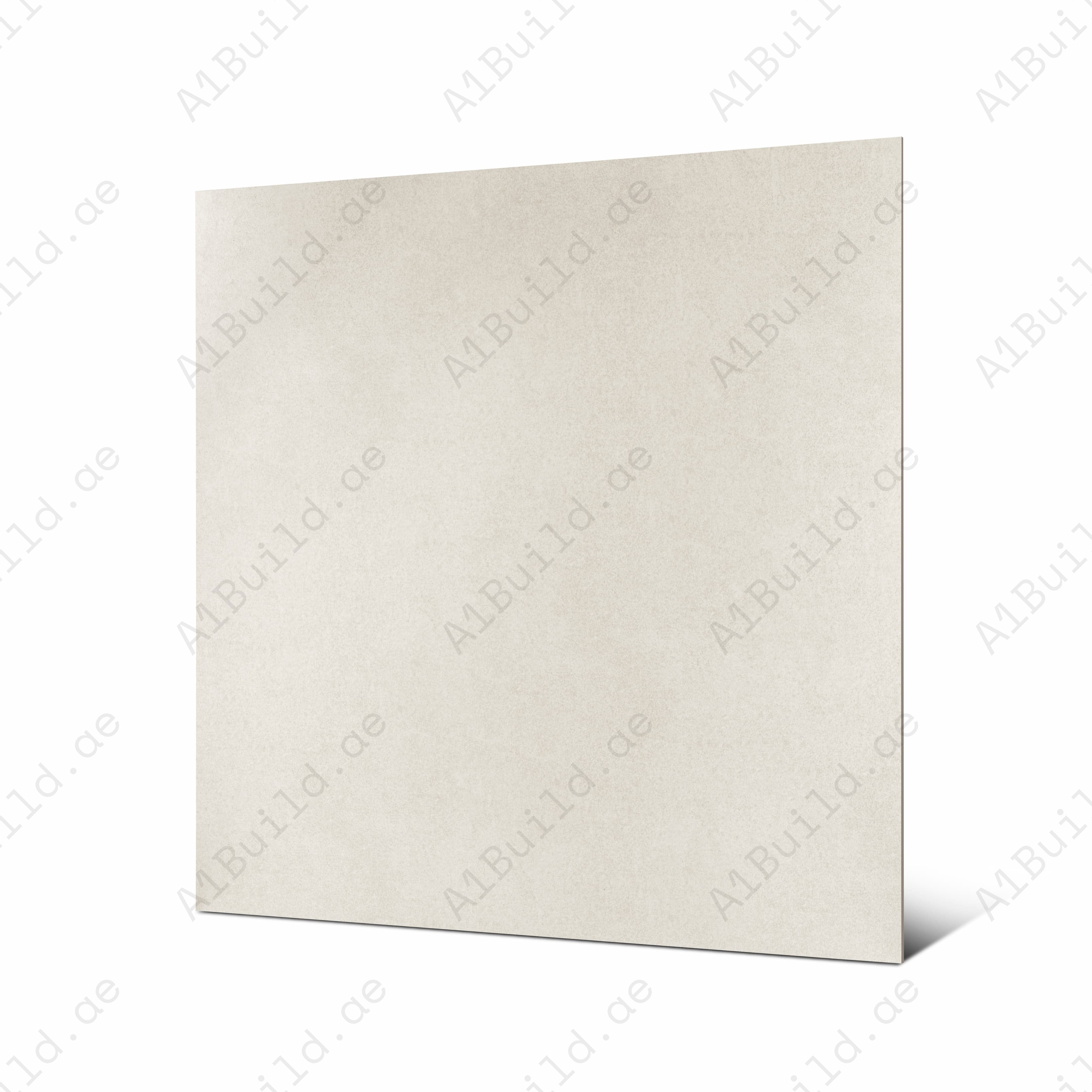 Angled view of Cemento Bianco large format porcelain tile showing soft beige cement texture and rectified edge