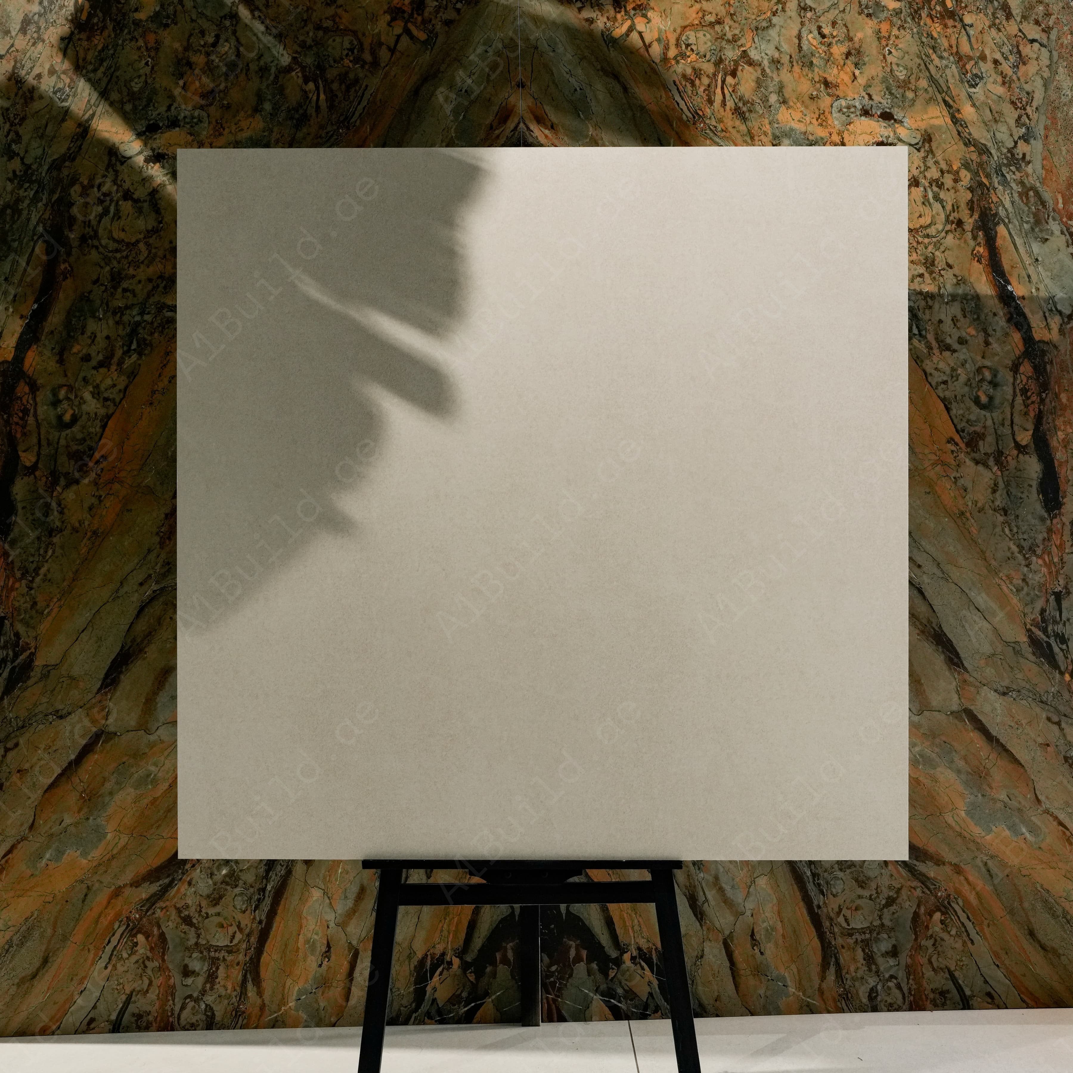 Norway Cemento Bianco 120x120cm matte porcelain tile displayed on easel against onyx marble backdrop in luxury UAE showroom setting