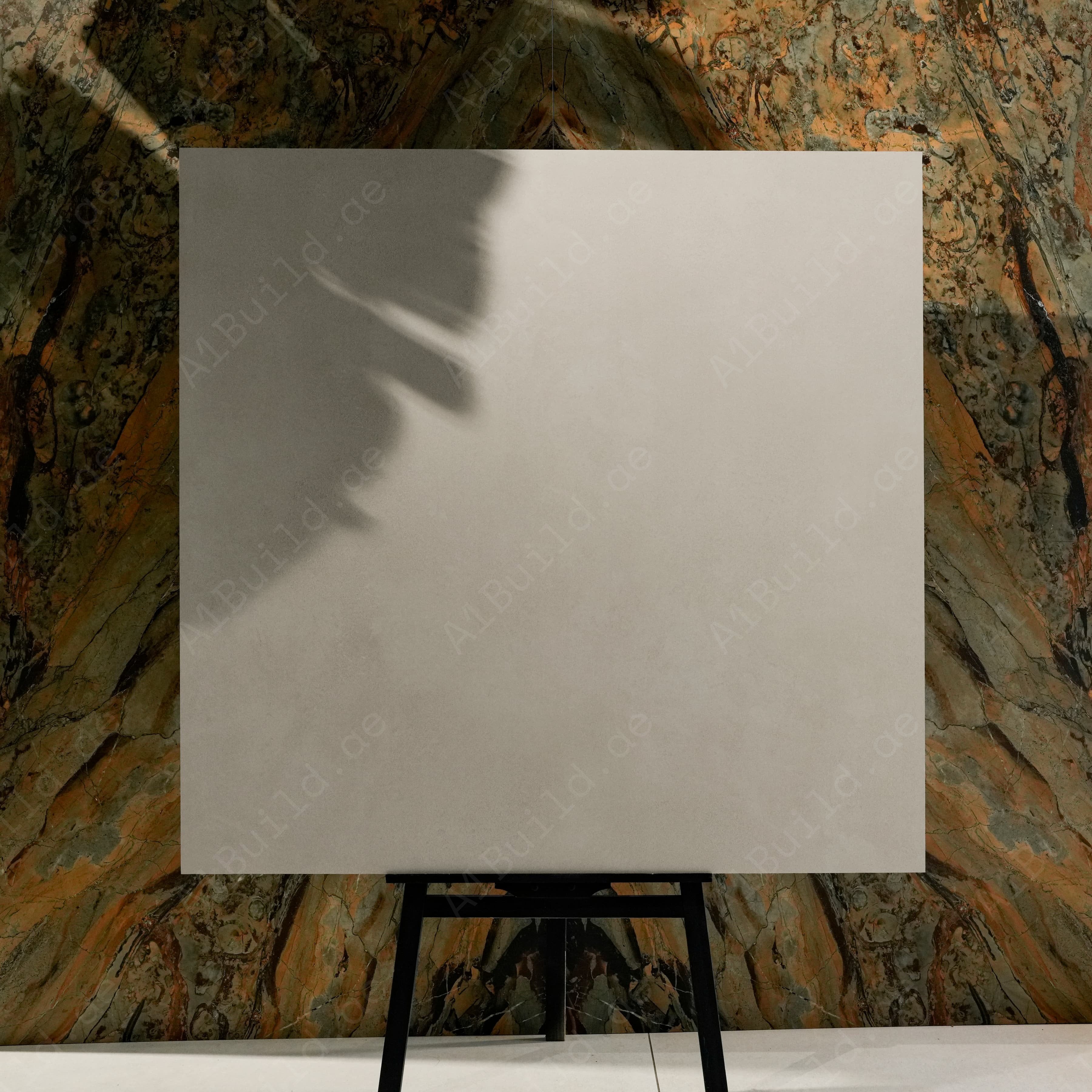 Meeray Grey 120x120cm soft warm grey matte porcelain tile on easel against onyx marble backdrop in luxury UAE tile showroom