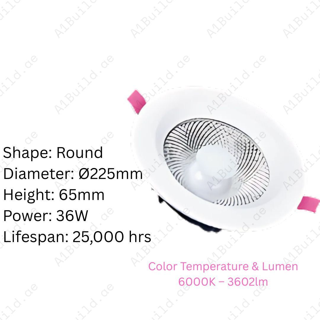 36W LED Downlight with 3602lm brightness, 60° beam angle & 25,000hrs lifespan. Energy-saving round recessed light, ideal for offices, homes & retail spaces.