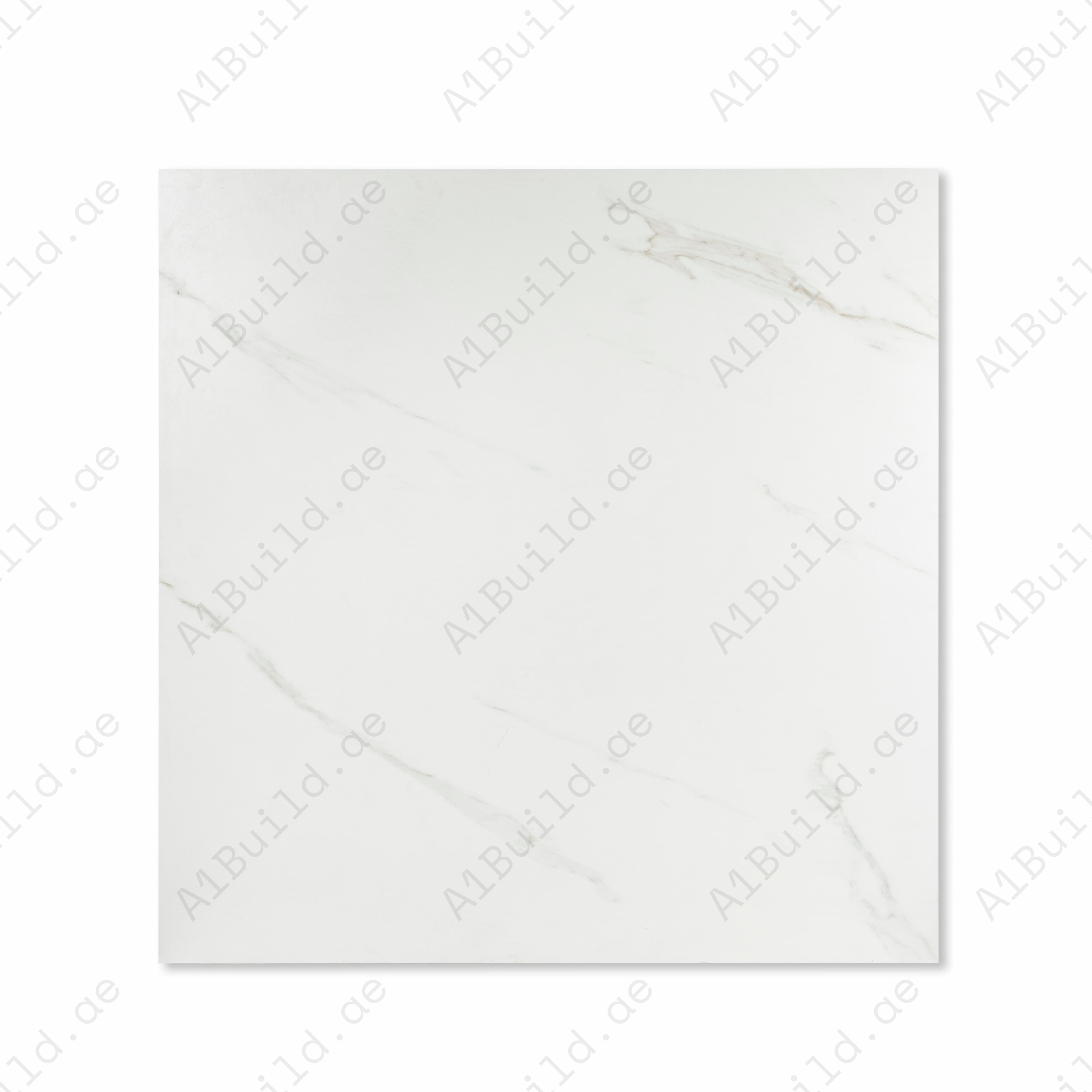 Smoke White 120x120cm Calacatta marble effect matte porcelain tile on easel against onyx marble backdrop in UAE luxury tile showroom