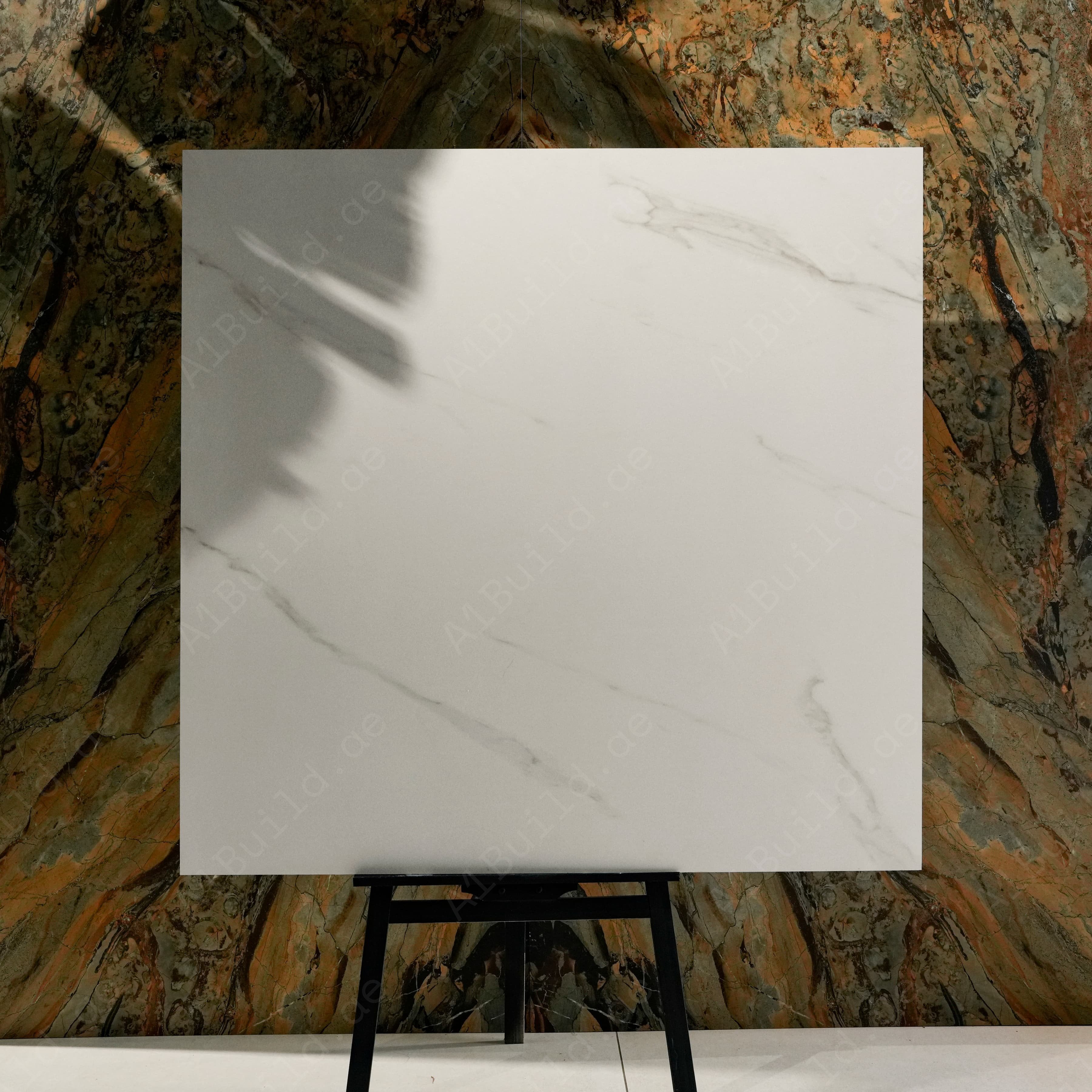 Close-up of Smoke White matte porcelain surface revealing fine sanded marble texture with delicate smoke grey veins