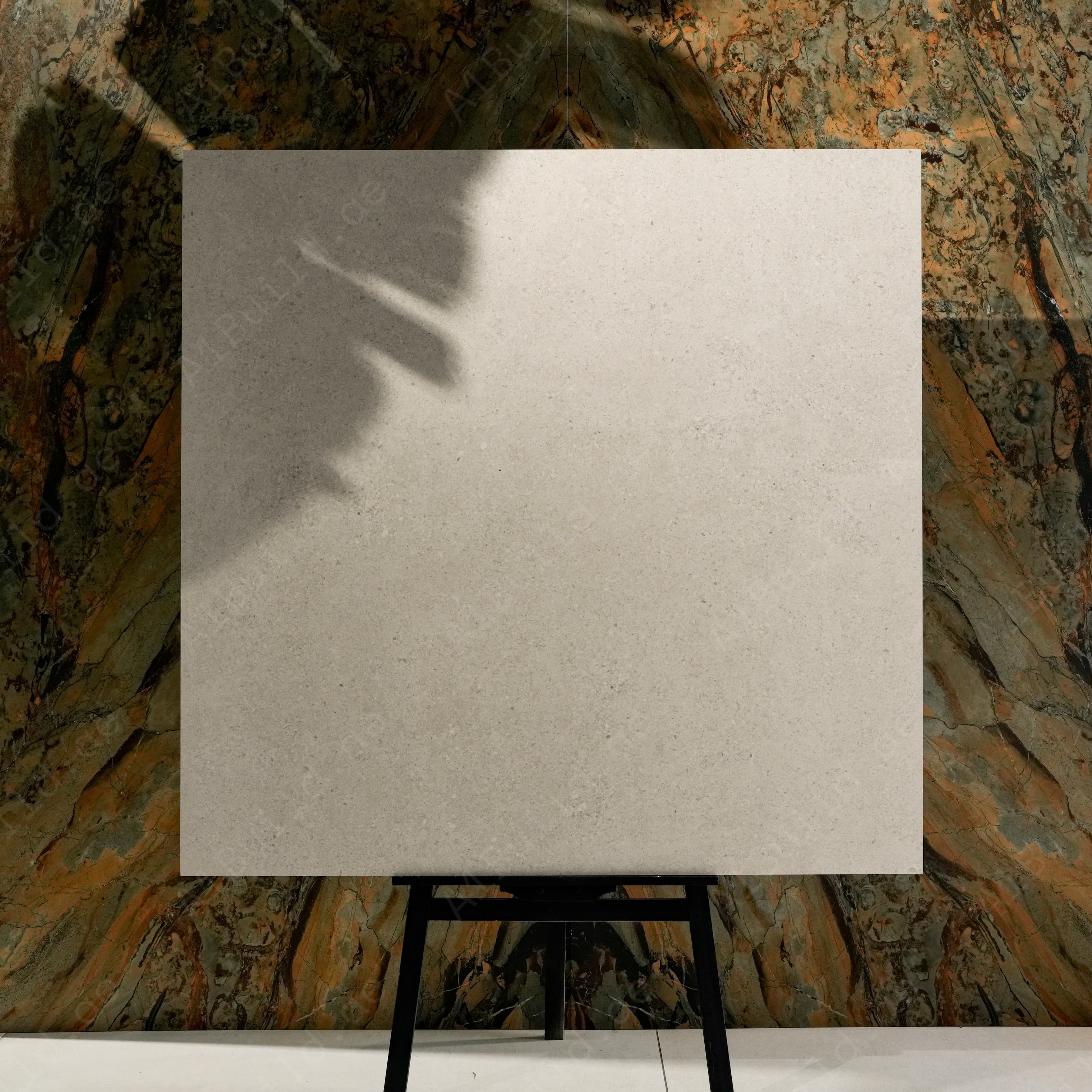 Ferro White 120x120cm warm cream speckled matte porcelain tile on easel against onyx marble backdrop in UAE luxury tile showroom