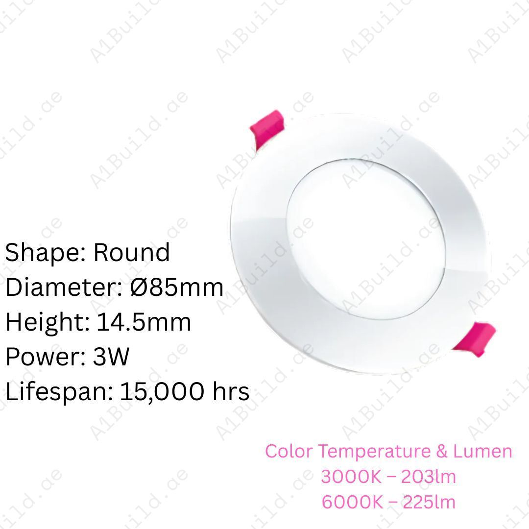 Discover the 3W LED Downlight with 15,000 hrs lifespan, 225lm brightness, and 80% energy savings. Compact Ø85mm design, perfect for modern indoor lighting.