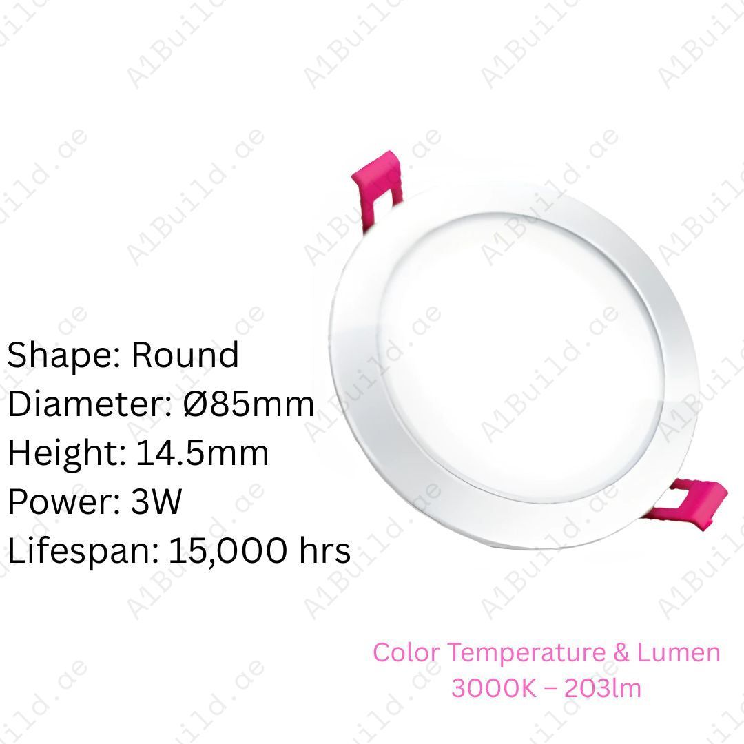 3W slim LED panel downlight with 203lm brightness, 15,000hrs lifespan & 80% energy saving. Ø85mm recessed ceiling light for homes & offices.
