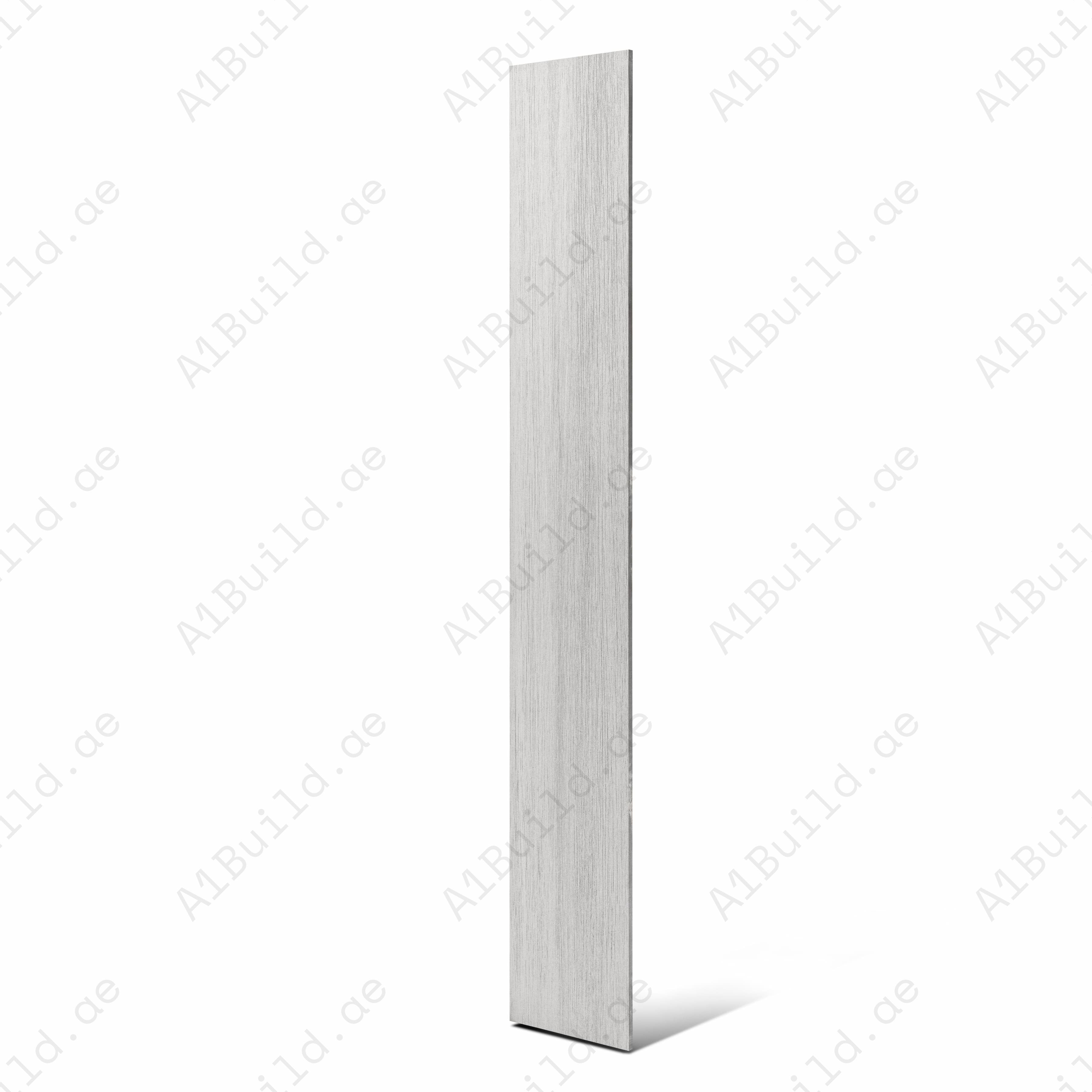 Light grey wood effect porcelain tile panel showcased against a marble backdrop