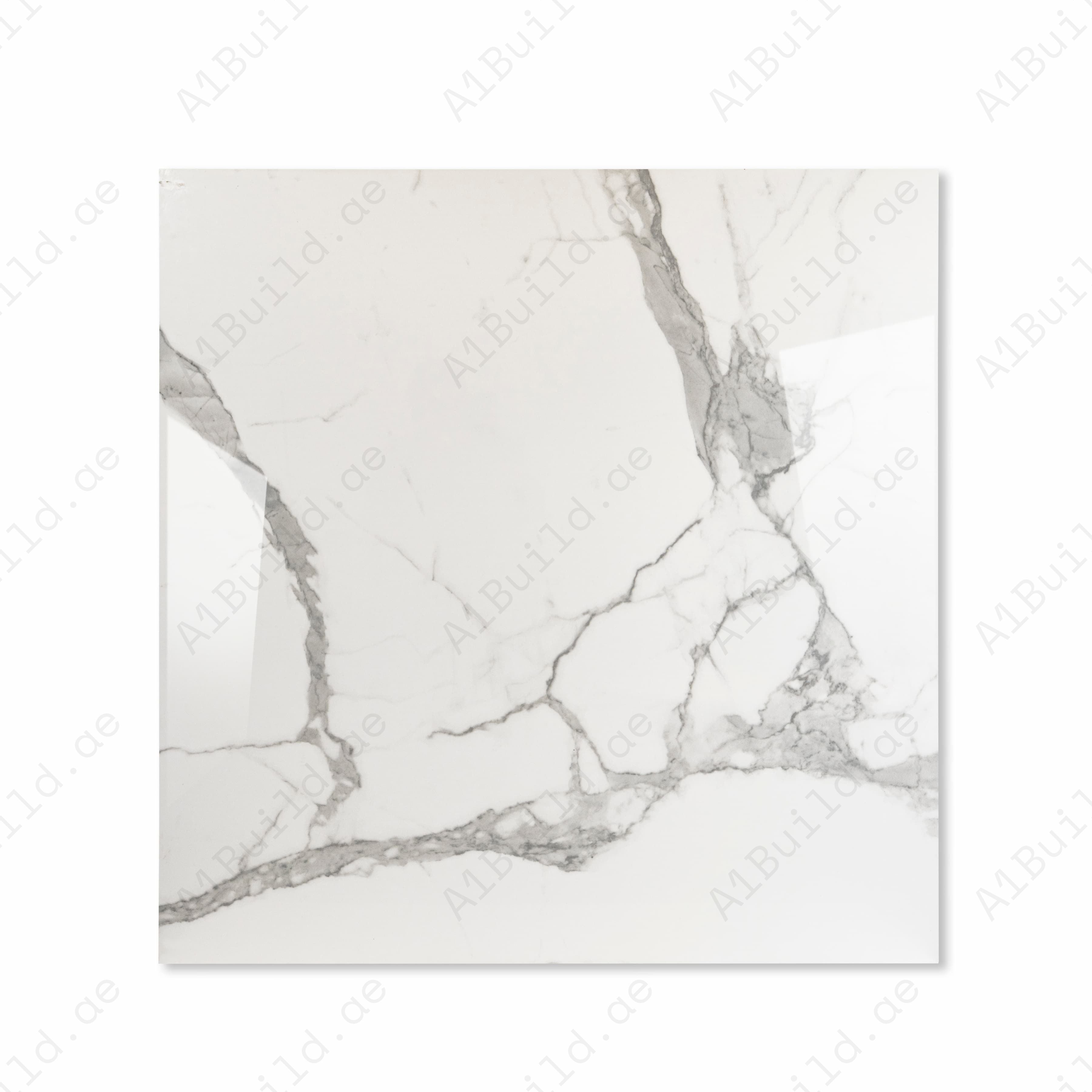 Close-up of Alps Natural Calacatta marble-effect porcelain tile with grey veining and glossy finish
