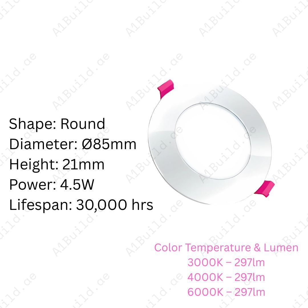 4.5W LED Panel Downlight with 297lm brightness, 120° beam angle & 30,000hrs lifespan. Energy-saving slim recessed ceiling light for modern interiors.