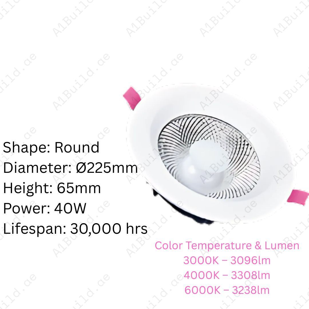 40W LED Downlight with 3308lm brightness, 115° beam angle & 30,000hrs lifespan. Energy-saving recessed ceiling light, ideal for homes, offices & retail spaces.