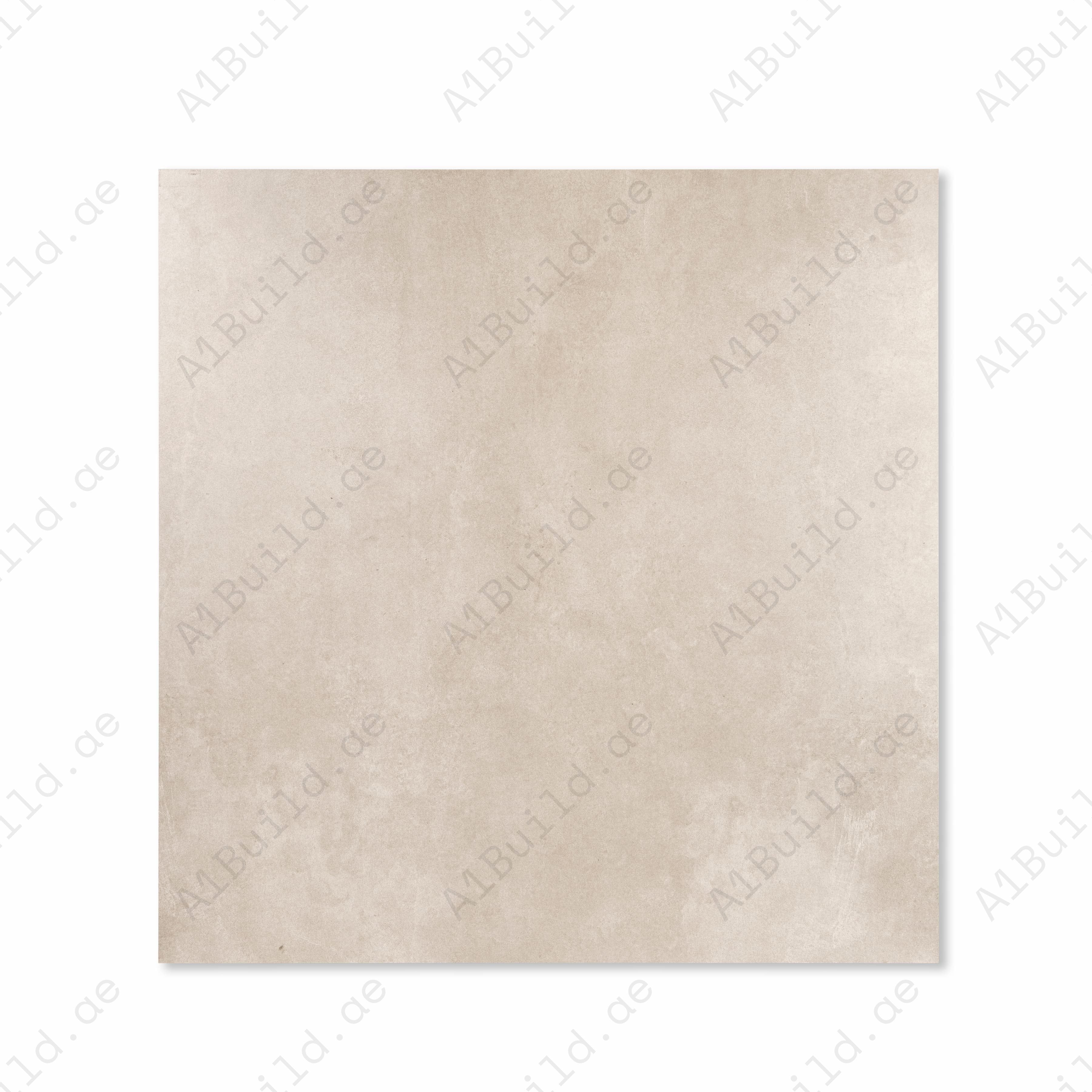 Azure Grey 120x120cm warm greige Mediterranean stone look matte porcelain tile on easel against onyx marble backdrop in UAE luxury tile showroom