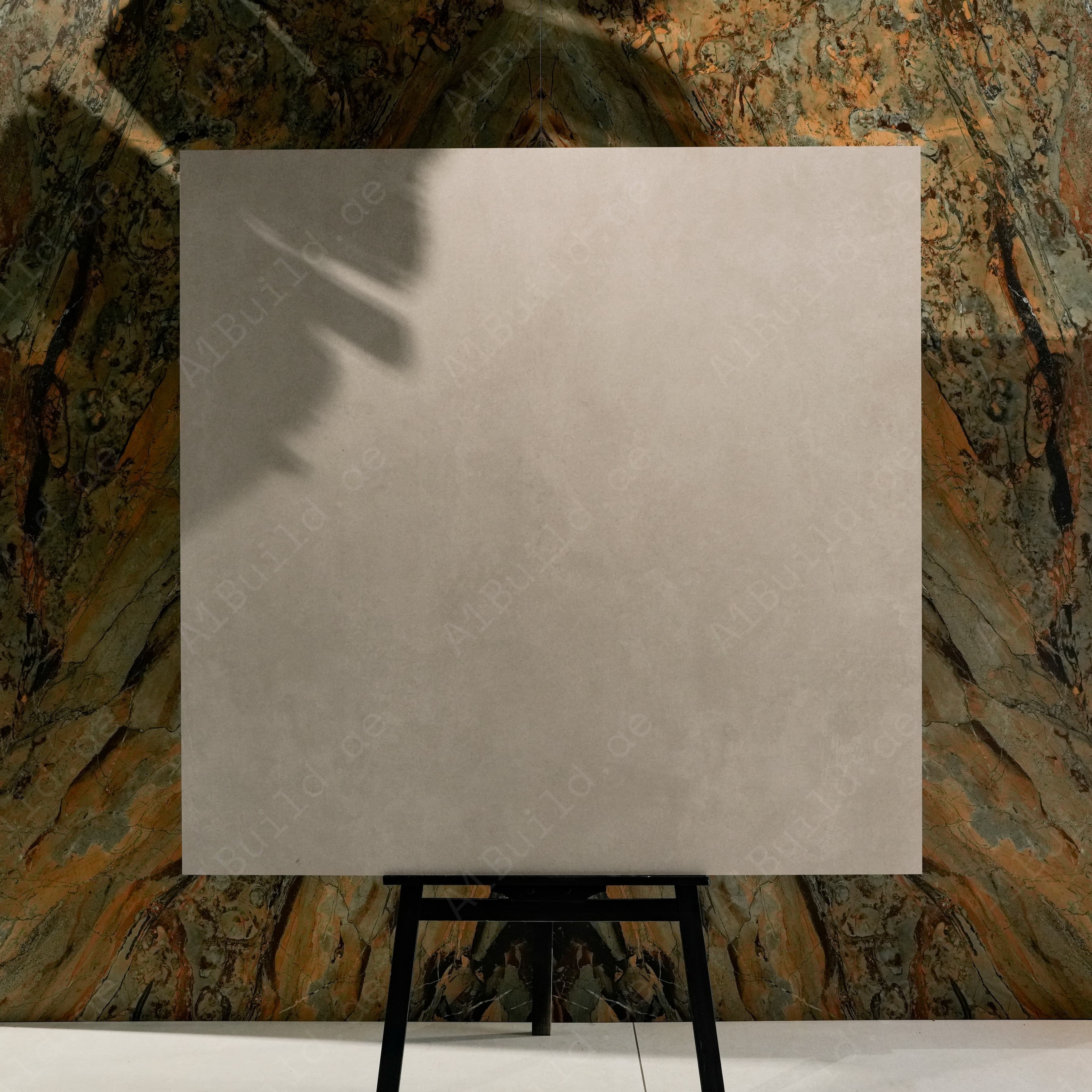 Top view of Azure Grey warm greige porcelain floor tile 120x120cm with subtle cloud-like Mediterranean variation