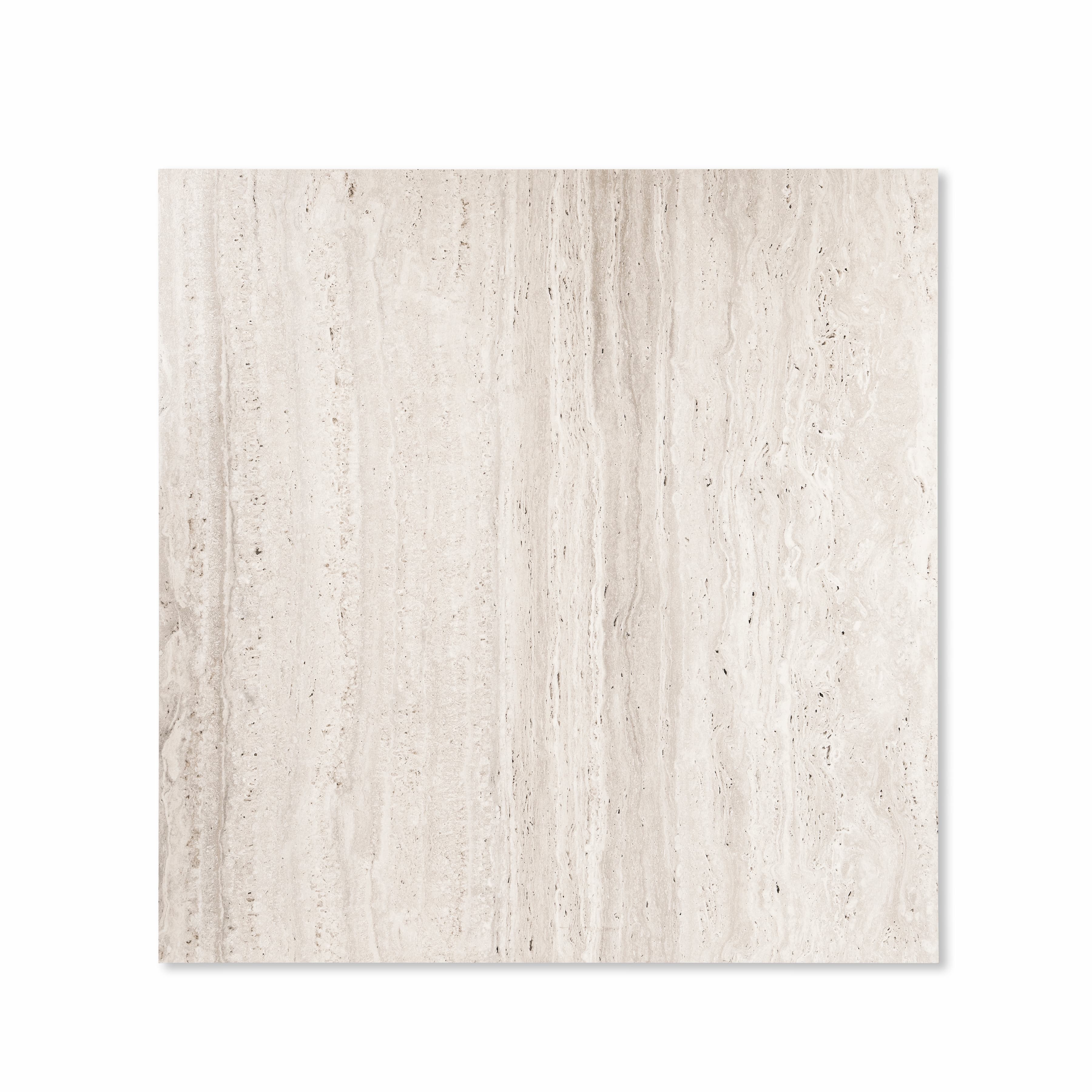 Top view of Roma Travertino Bianco warm cream travertine look porcelain floor tile 120x120cm with linear vertical veining and characteristic stone pits